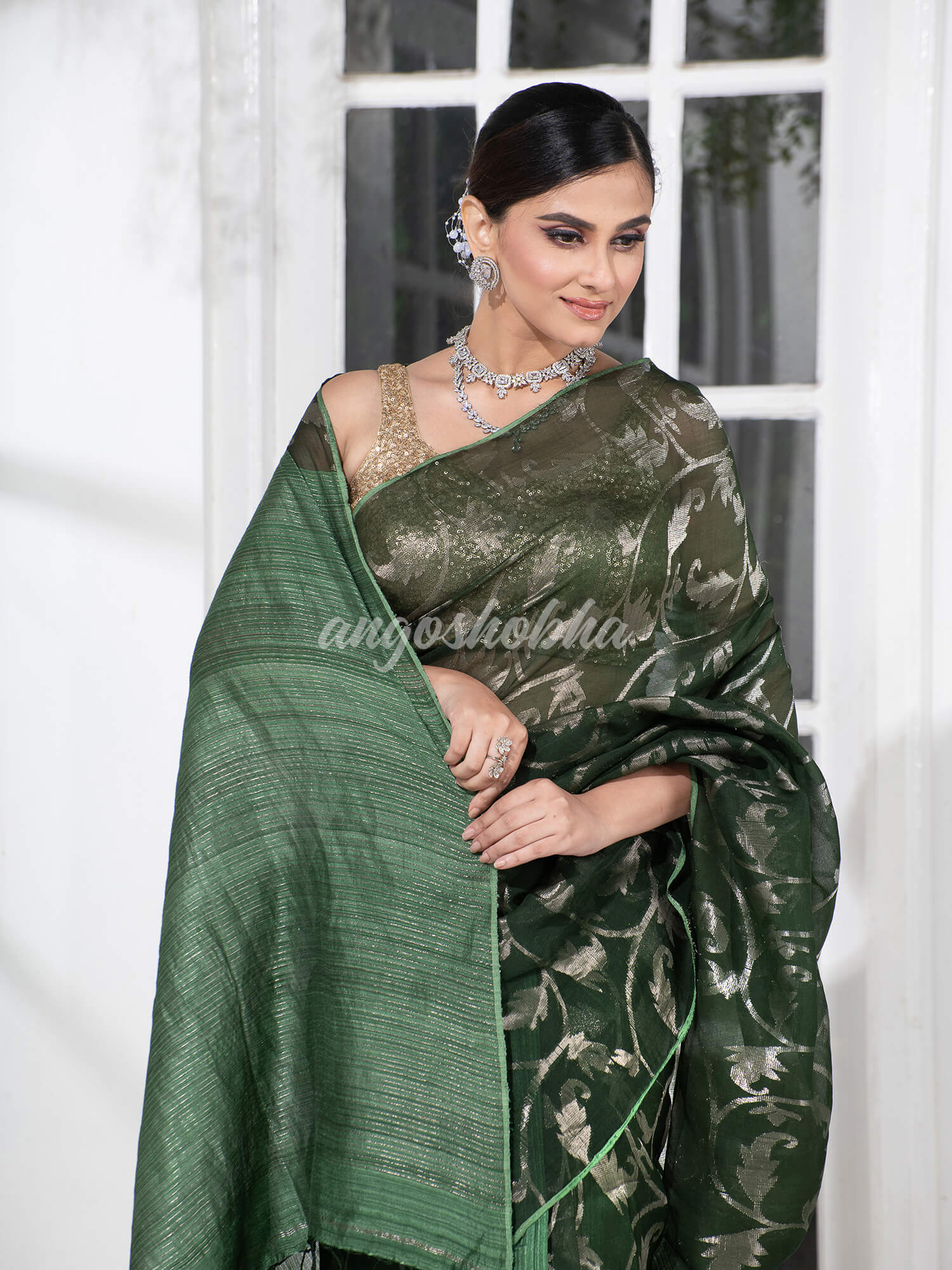 Dark Green Silk Matka Body Creeper Design all over Silver Zari Check Pallu Handwoven Saree