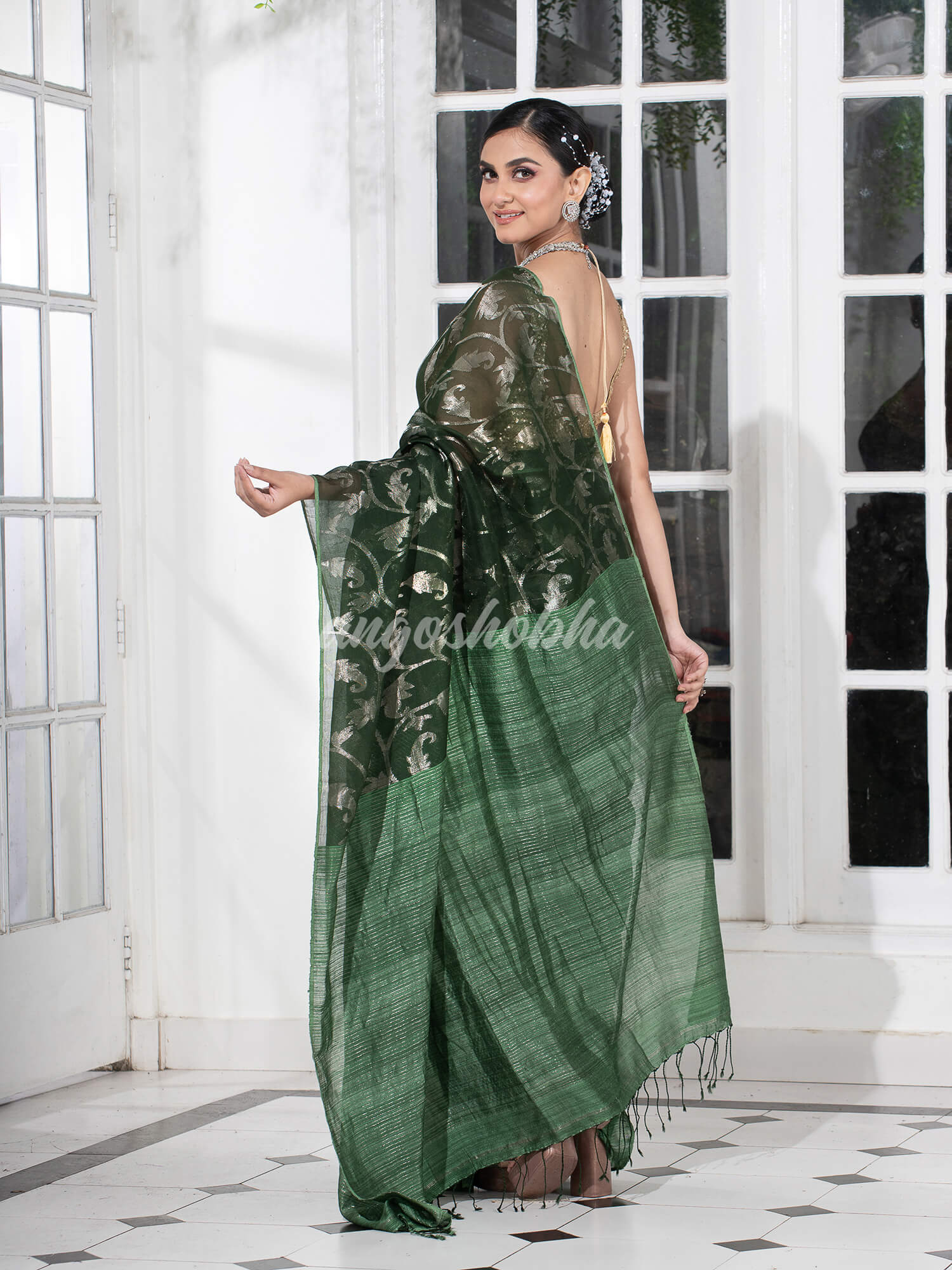Dark Green Silk Matka Body Creeper Design all over Silver Zari Check Pallu Handwoven Saree