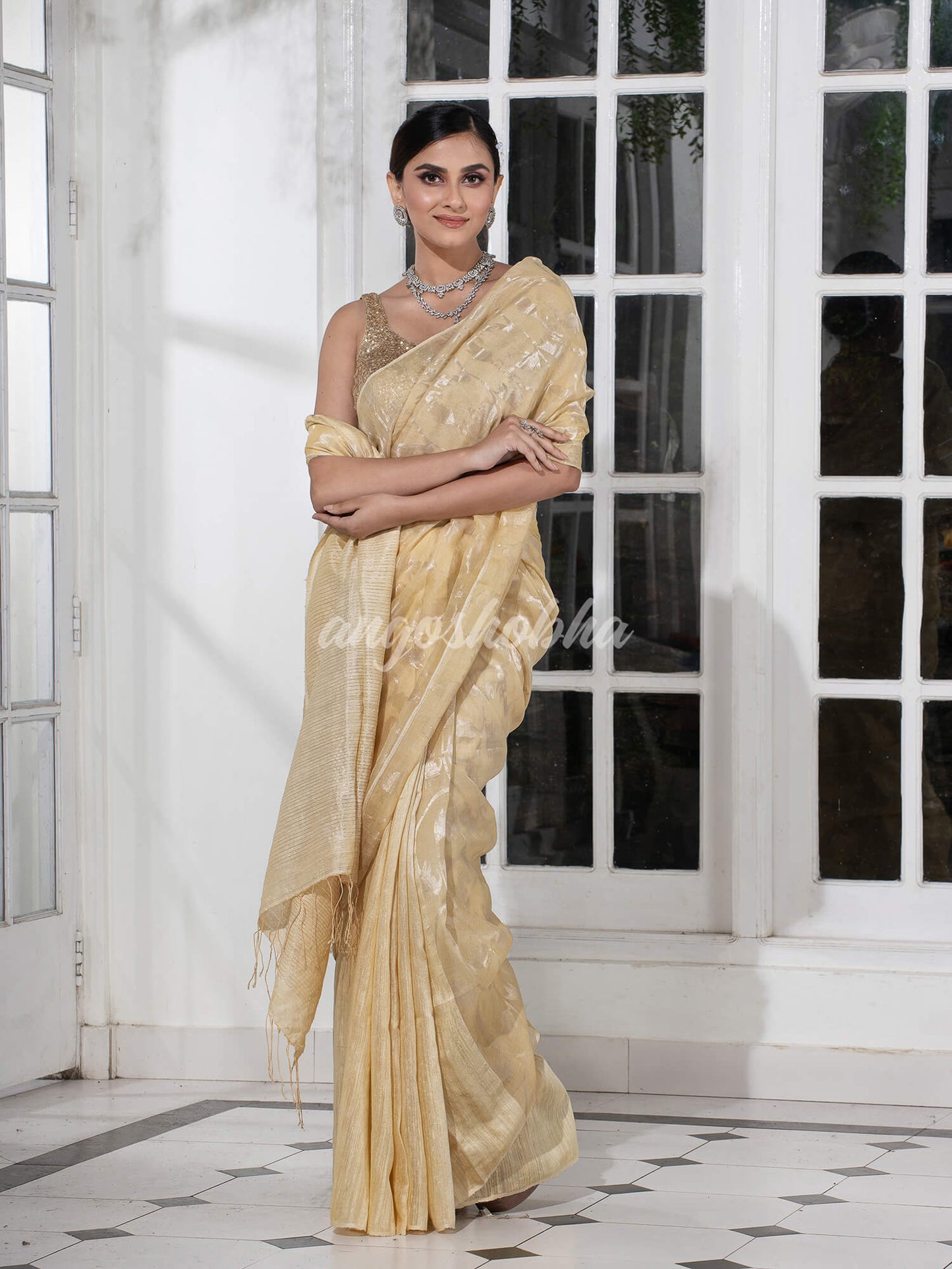 Champagne Skin Tone Silk Matka Body Creeper Design all over Silver Zari Check Pallu Handwoven Saree