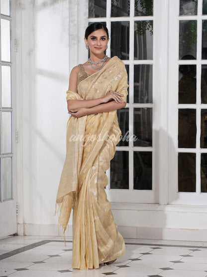 Champagne Skin Tone Silk Matka Body Creeper Design all over Silver Zari Check Pallu Handwoven Saree