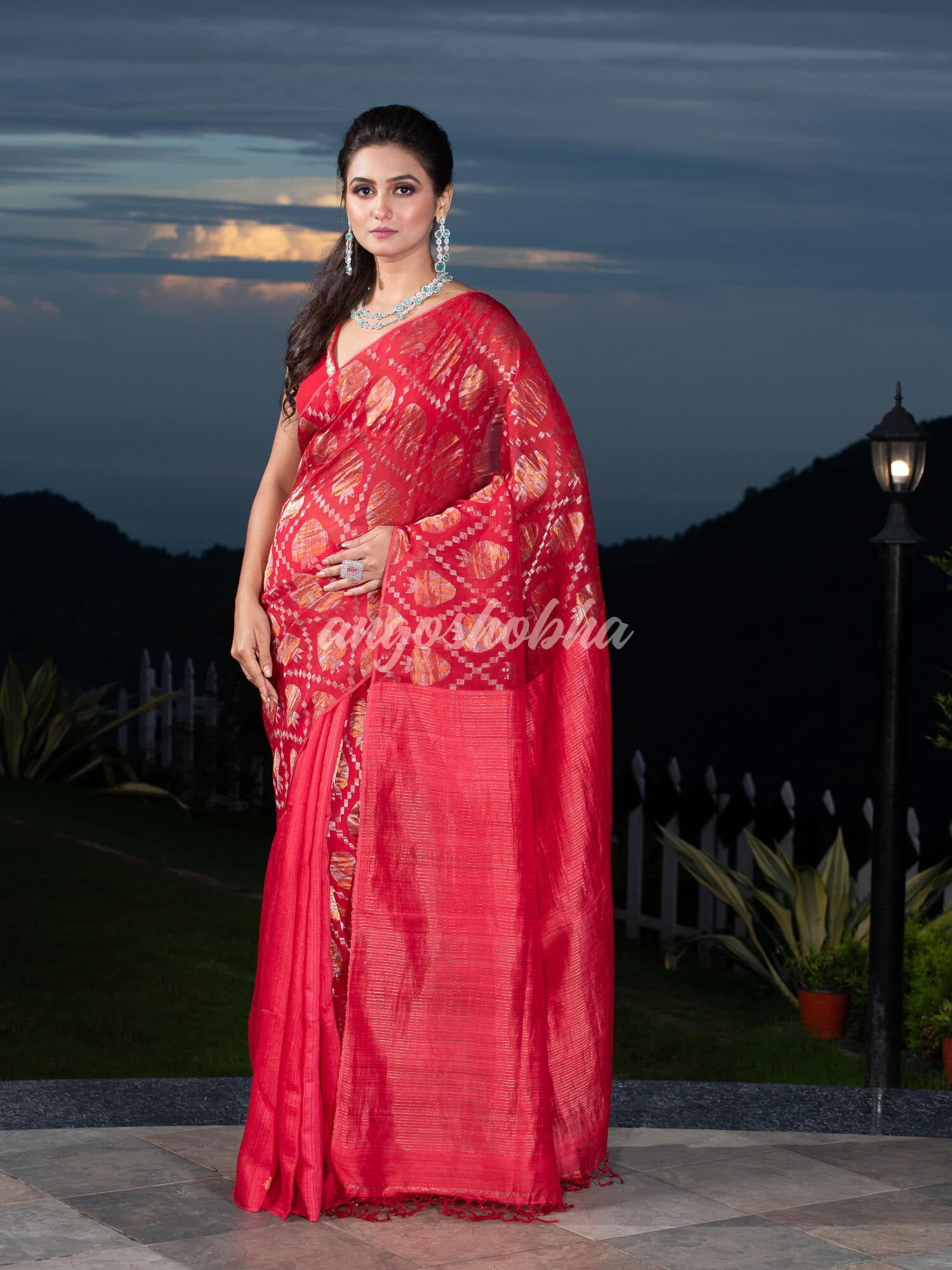 Red Silk Matka Body with Leaves Intricate Design including Silver & Golden Stripes on Check Pallu Handwoven Saree