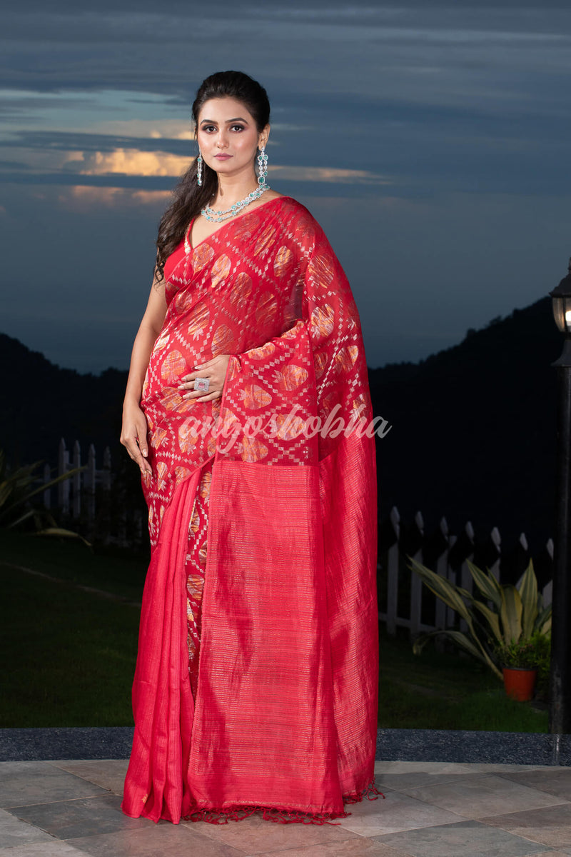 Red Silk Matka Body with Leaves Intricate Design including Silver & Golden Stripes on Check Pallu Handwoven Saree