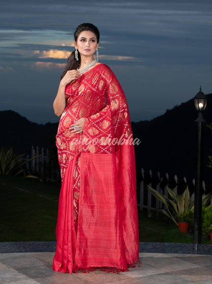 Red Silk Matka Body with Leaves Intricate Design including Silver & Golden Stripes on Check Pallu Handwoven Saree