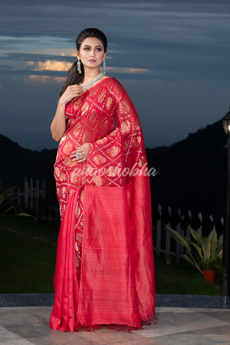 Red Silk Matka Body with Leaves Intricate Design including Silver & Golden Stripes on Check Pallu Handwoven Saree