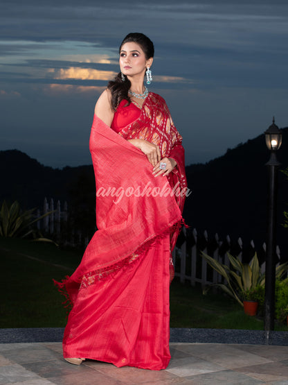 Red Silk Matka Body with Leaves Intricate Design including Silver & Golden Stripes on Check Pallu Handwoven Saree