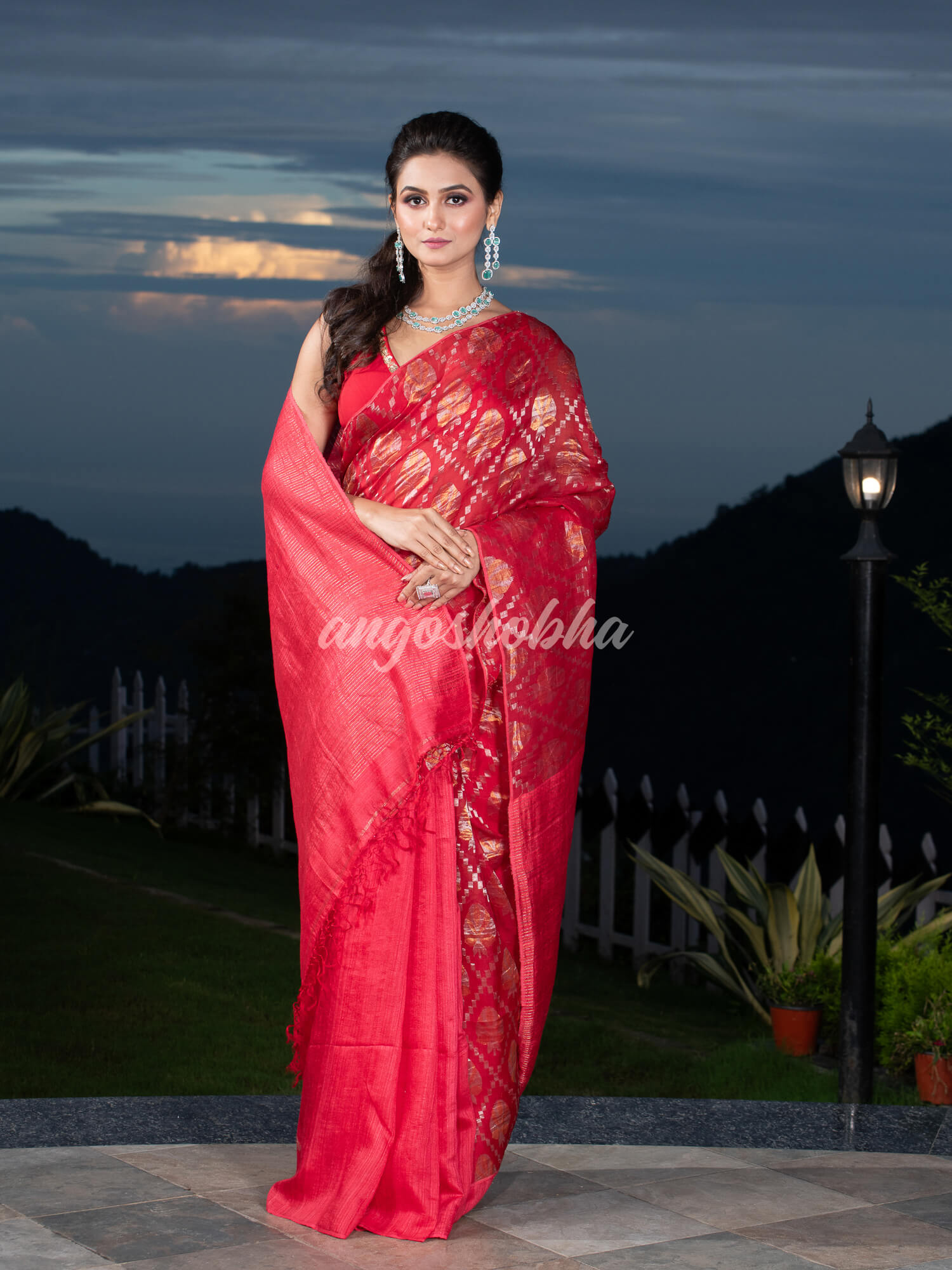 Red Silk Matka Body with Leaves Intricate Design including Silver & Golden Stripes on Check Pallu Handwoven Saree