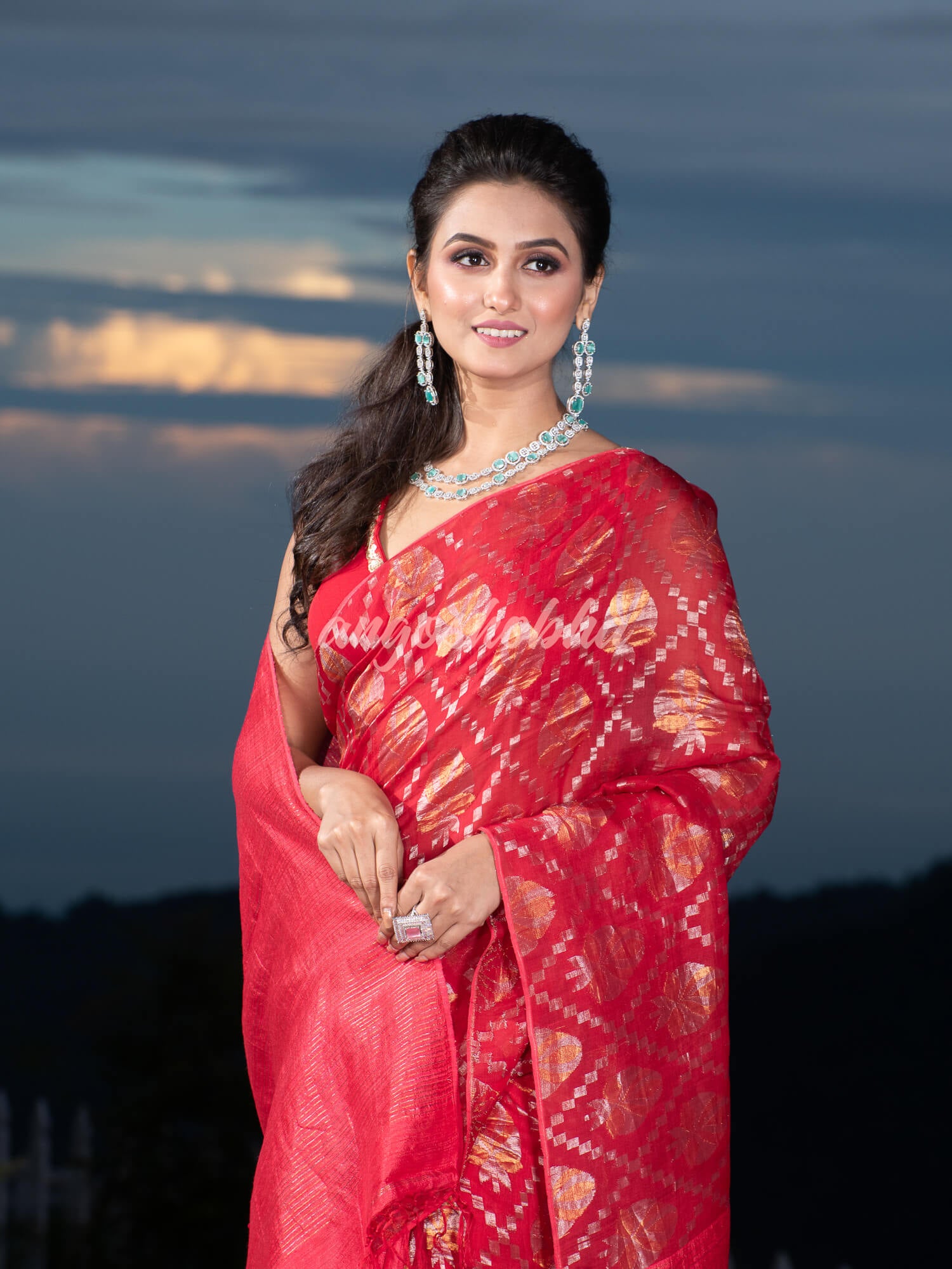 Red Silk Matka Body with Leaves Intricate Design including Silver & Golden Stripes on Check Pallu Handwoven Saree