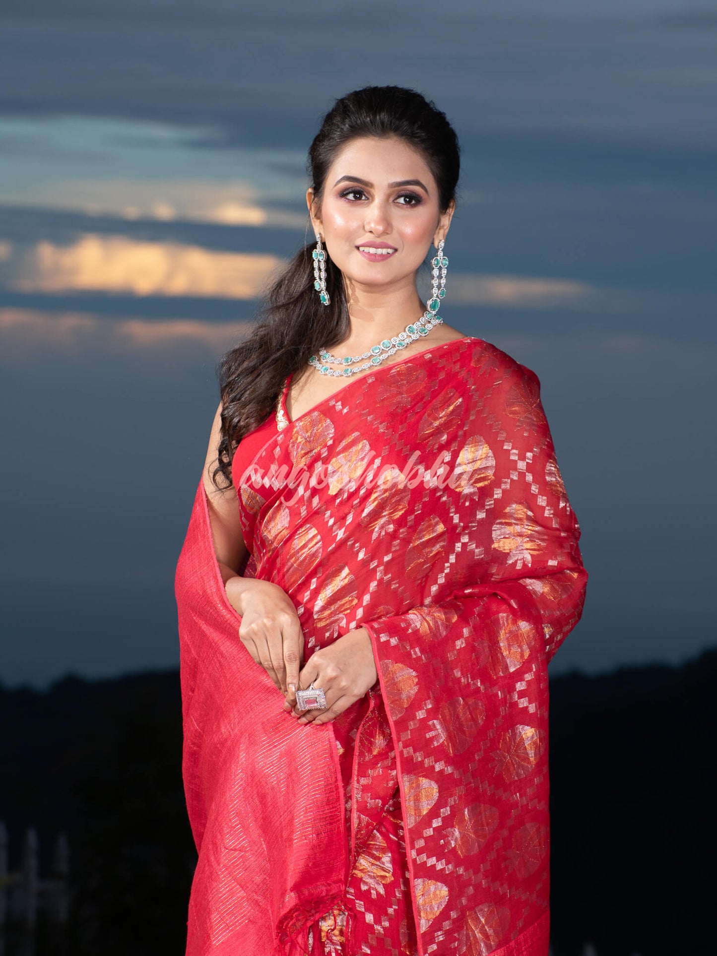 Red Silk Matka Body with Leaves Intricate Design including Silver & Golden Stripes on Check Pallu Handwoven Saree