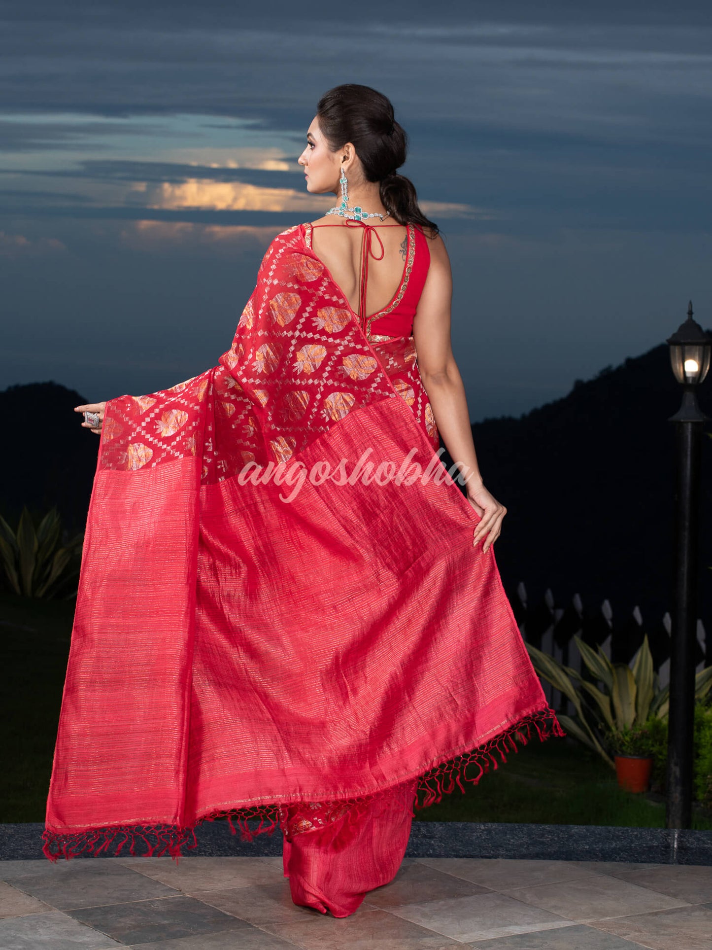 Red Silk Matka Body with Leaves Intricate Design including Silver & Golden Stripes on Check Pallu Handwoven Saree