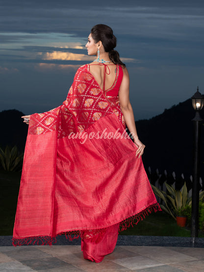 Red Silk Matka Body with Leaves Intricate Design including Silver & Golden Stripes on Check Pallu Handwoven Saree