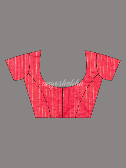 Red Silk Matka Body with Leaves Intricate Design including Silver & Golden Stripes on Check Pallu Handwoven Saree