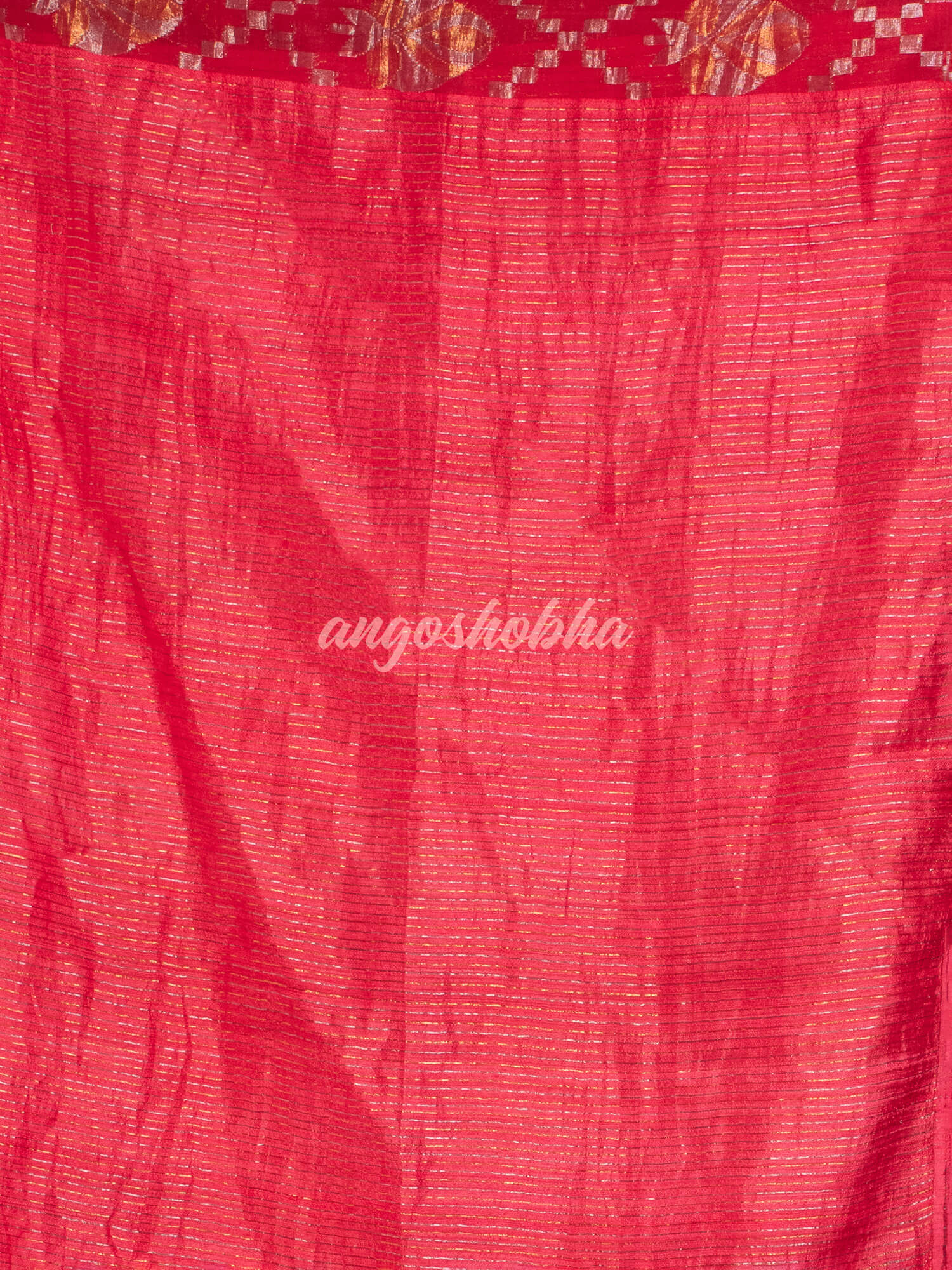 Red Silk Matka Body with Leaves Intricate Design including Silver & Golden Stripes on Check Pallu Handwoven Saree