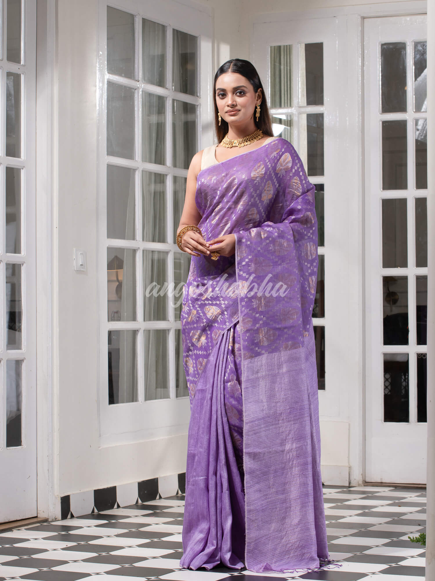 Purple Silk Matka Body with Leaves Intricate Design including Silver & Golden Stripes on Check Pallu Handwoven Saree