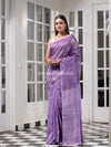 Purple Silk Matka Body with Leaves Intricate Design including Silver & Golden Stripes on Check Pallu Handwoven Saree