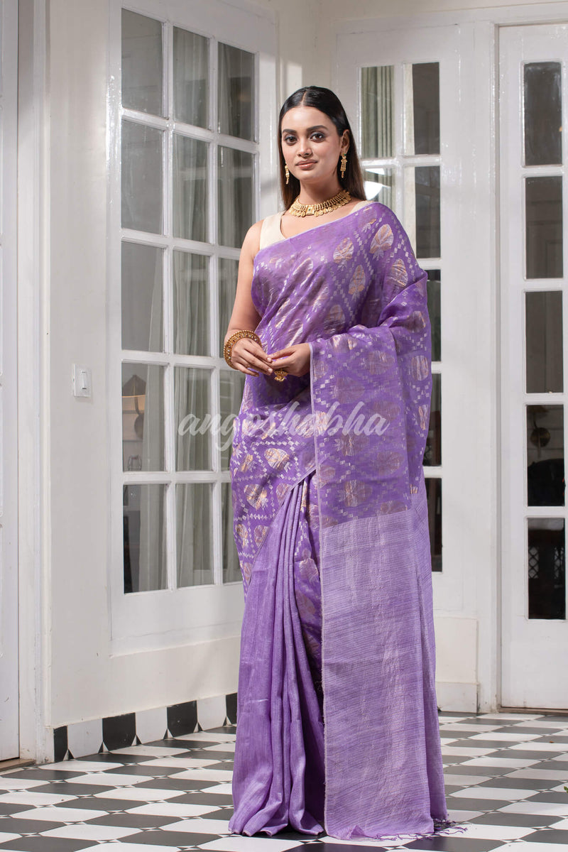 Purple Silk Matka Body with Leaves Intricate Design including Silver & Golden Stripes on Check Pallu Handwoven Saree