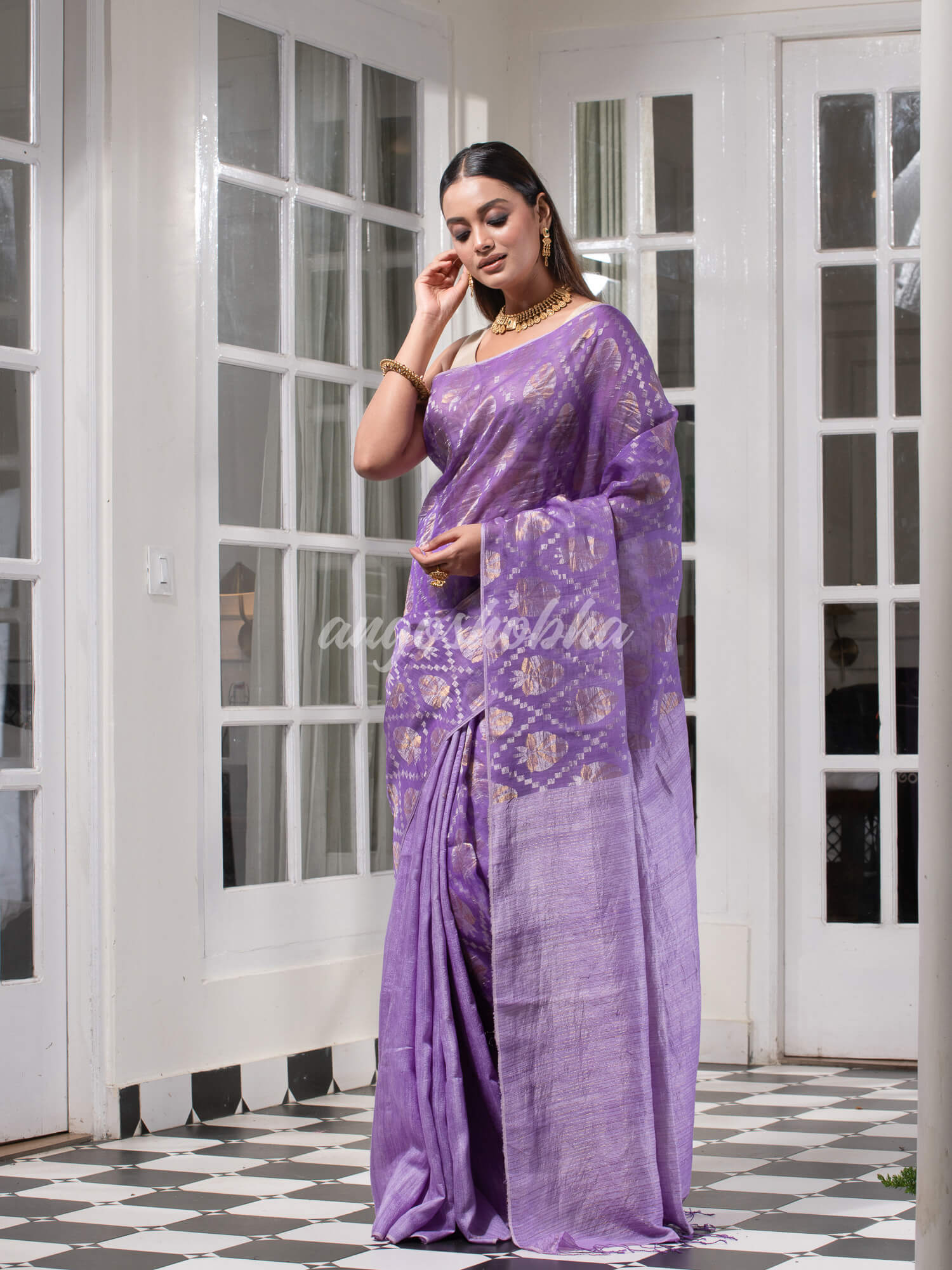 Purple Silk Matka Body with Leaves Intricate Design including Silver & Golden Stripes on Check Pallu Handwoven Saree