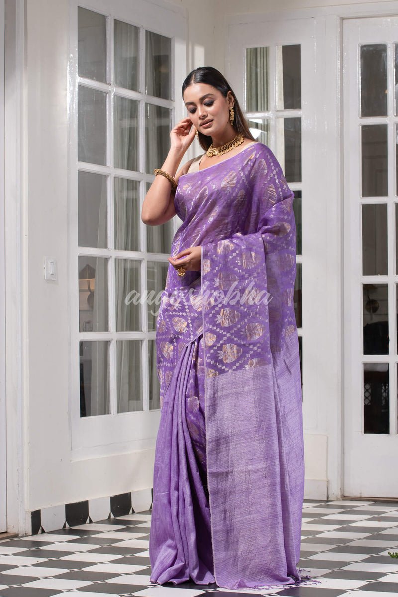 Purple Silk Matka Body with Leaves Intricate Design including Silver & Golden Stripes on Check Pallu Handwoven Saree