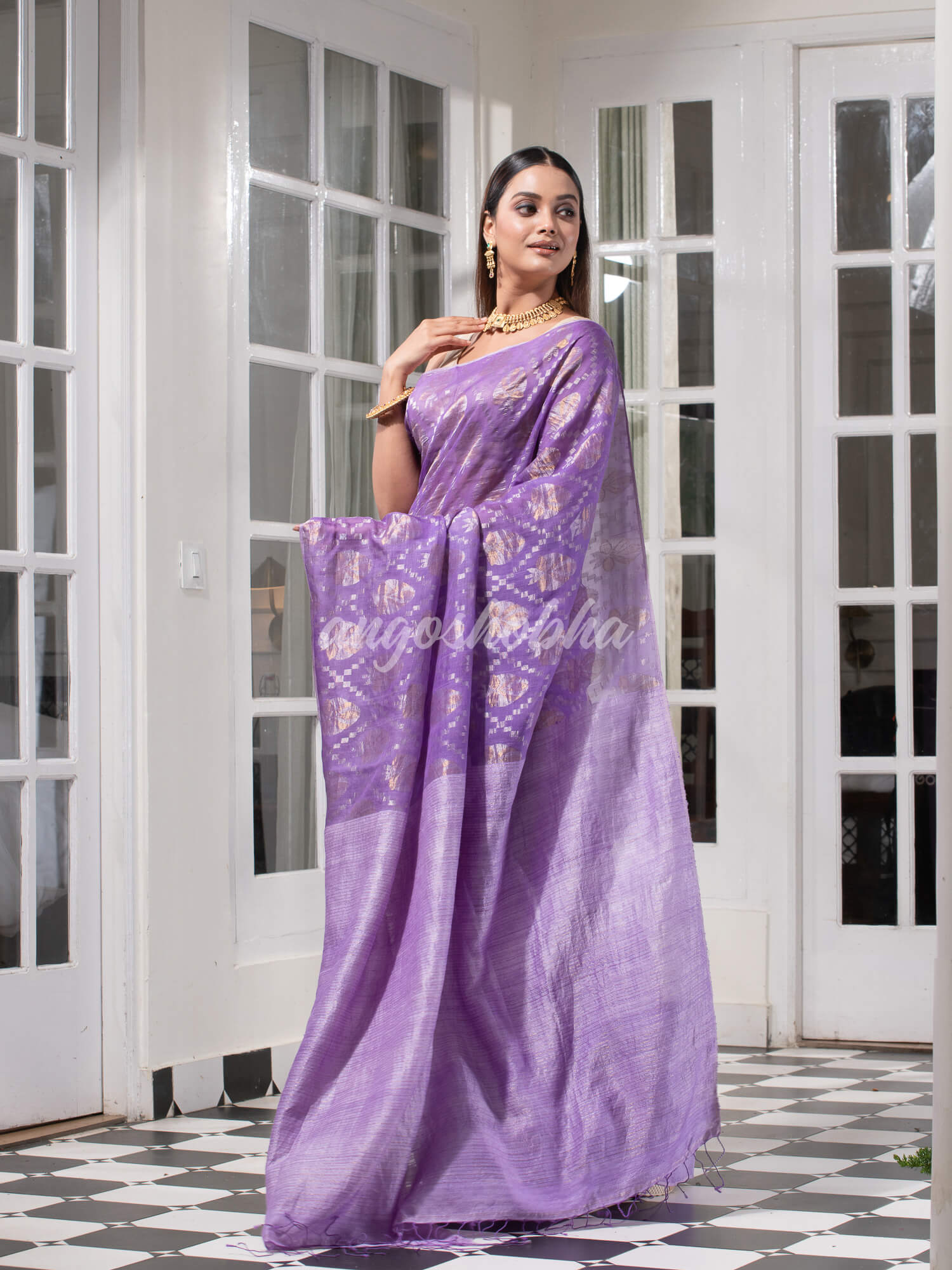 Purple Silk Matka Body with Leaves Intricate Design including Silver & Golden Stripes on Check Pallu Handwoven Saree