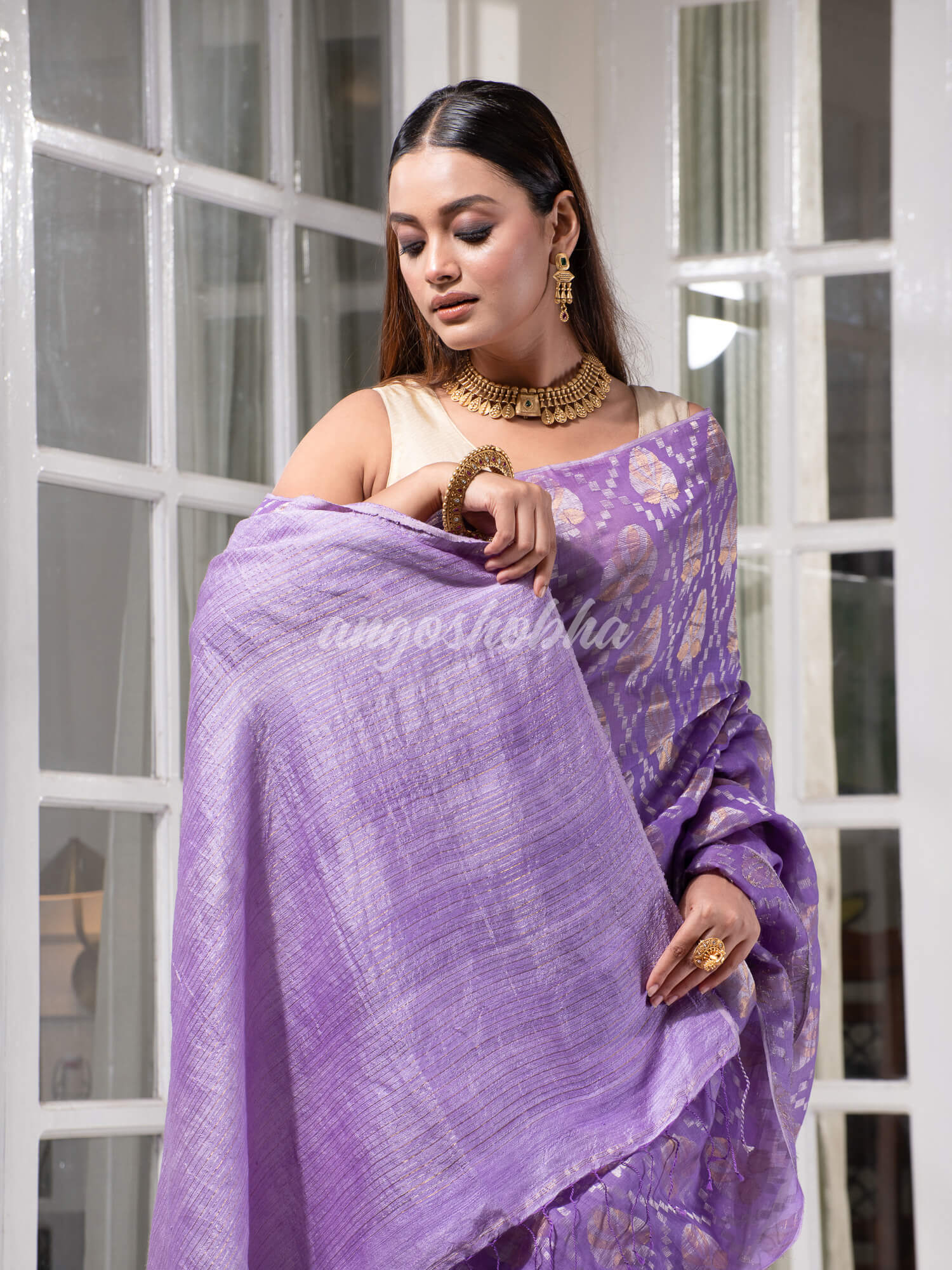 Purple Silk Matka Body with Leaves Intricate Design including Silver & Golden Stripes on Check Pallu Handwoven Saree