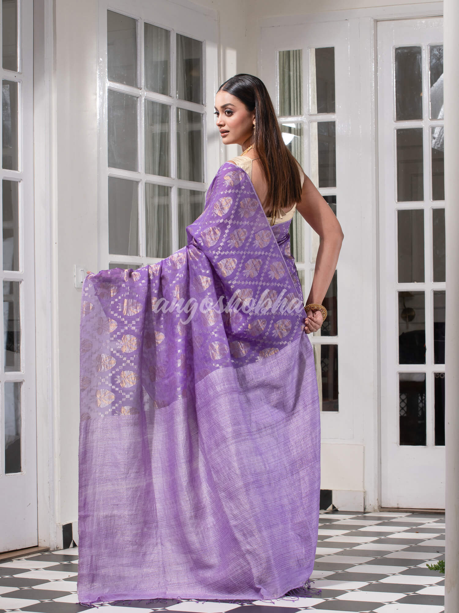 Purple Silk Matka Body with Leaves Intricate Design including Silver & Golden Stripes on Check Pallu Handwoven Saree