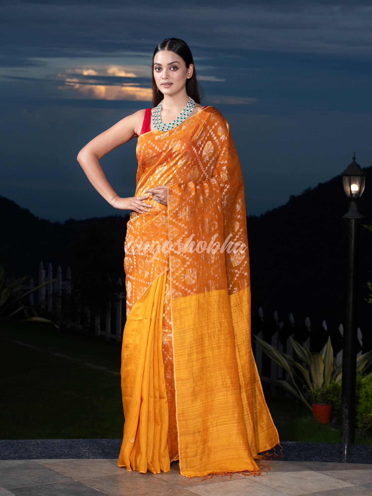 Mustard  Silk Matka Body with Leaves Intricate Design including Silver & Golden Stripes on Check Pallu Handwoven Saree