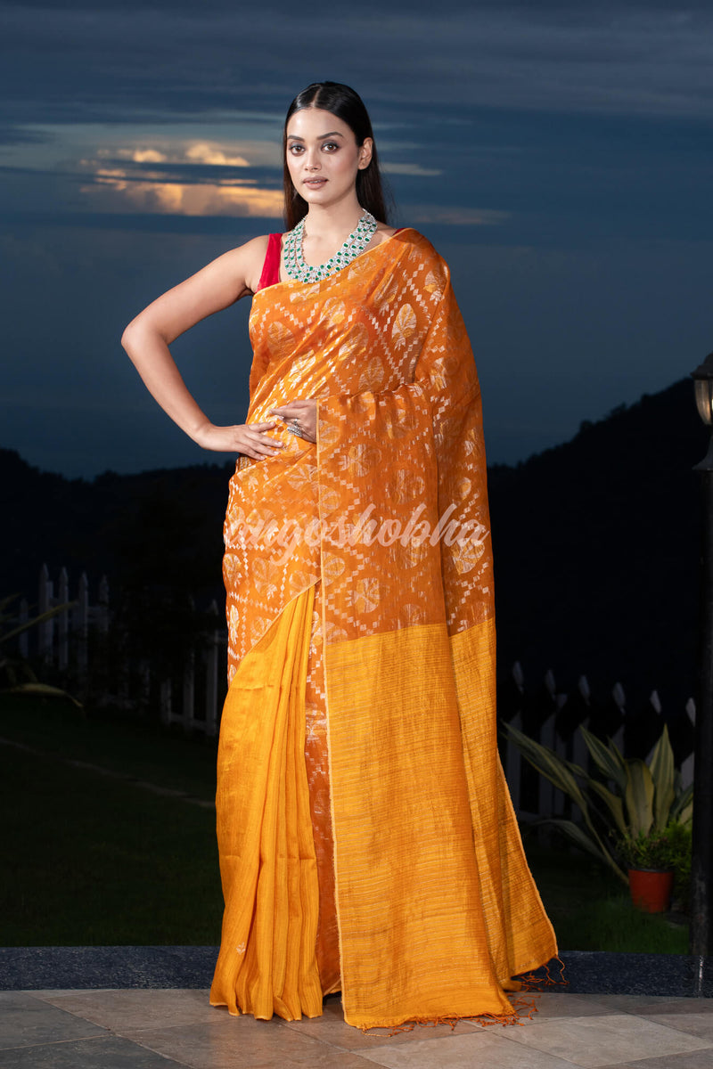 Mustard  Silk Matka Body with Leaves Intricate Design including Silver & Golden Stripes on Check Pallu Handwoven Saree