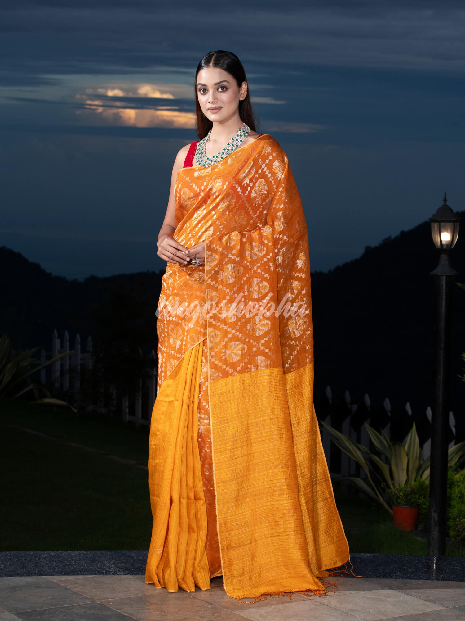 Mustard  Silk Matka Body with Leaves Intricate Design including Silver & Golden Stripes on Check Pallu Handwoven Saree