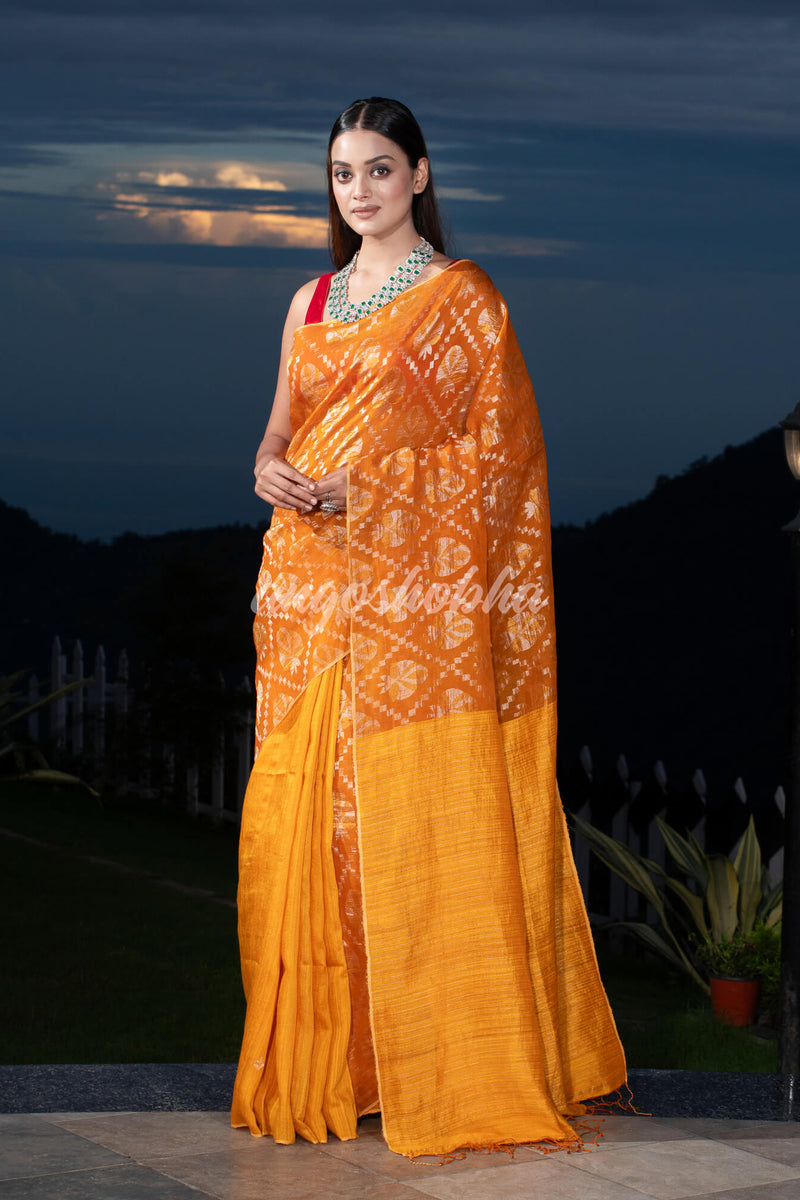Mustard  Silk Matka Body with Leaves Intricate Design including Silver & Golden Stripes on Check Pallu Handwoven Saree