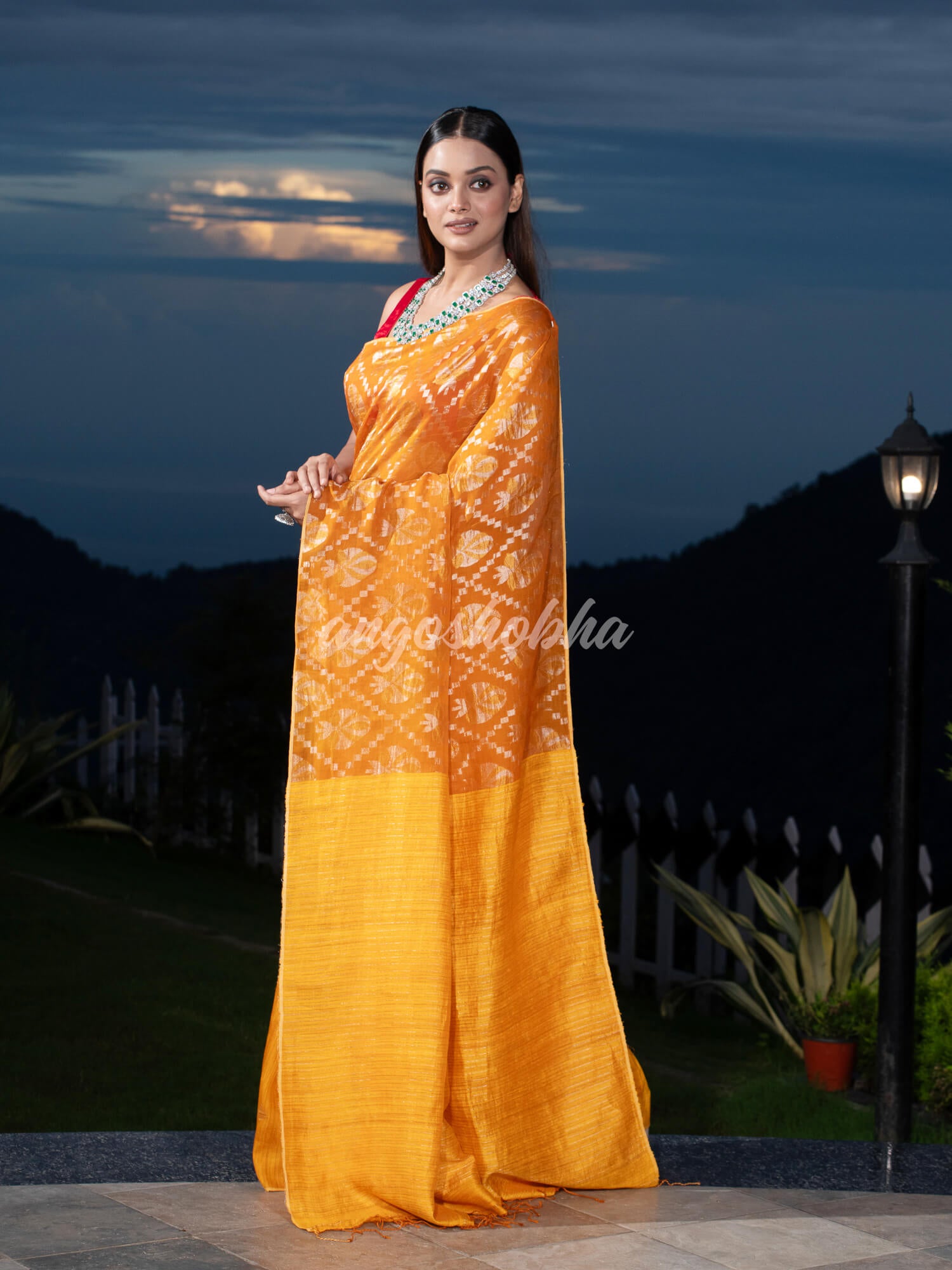 Mustard  Silk Matka Body with Leaves Intricate Design including Silver & Golden Stripes on Check Pallu Handwoven Saree