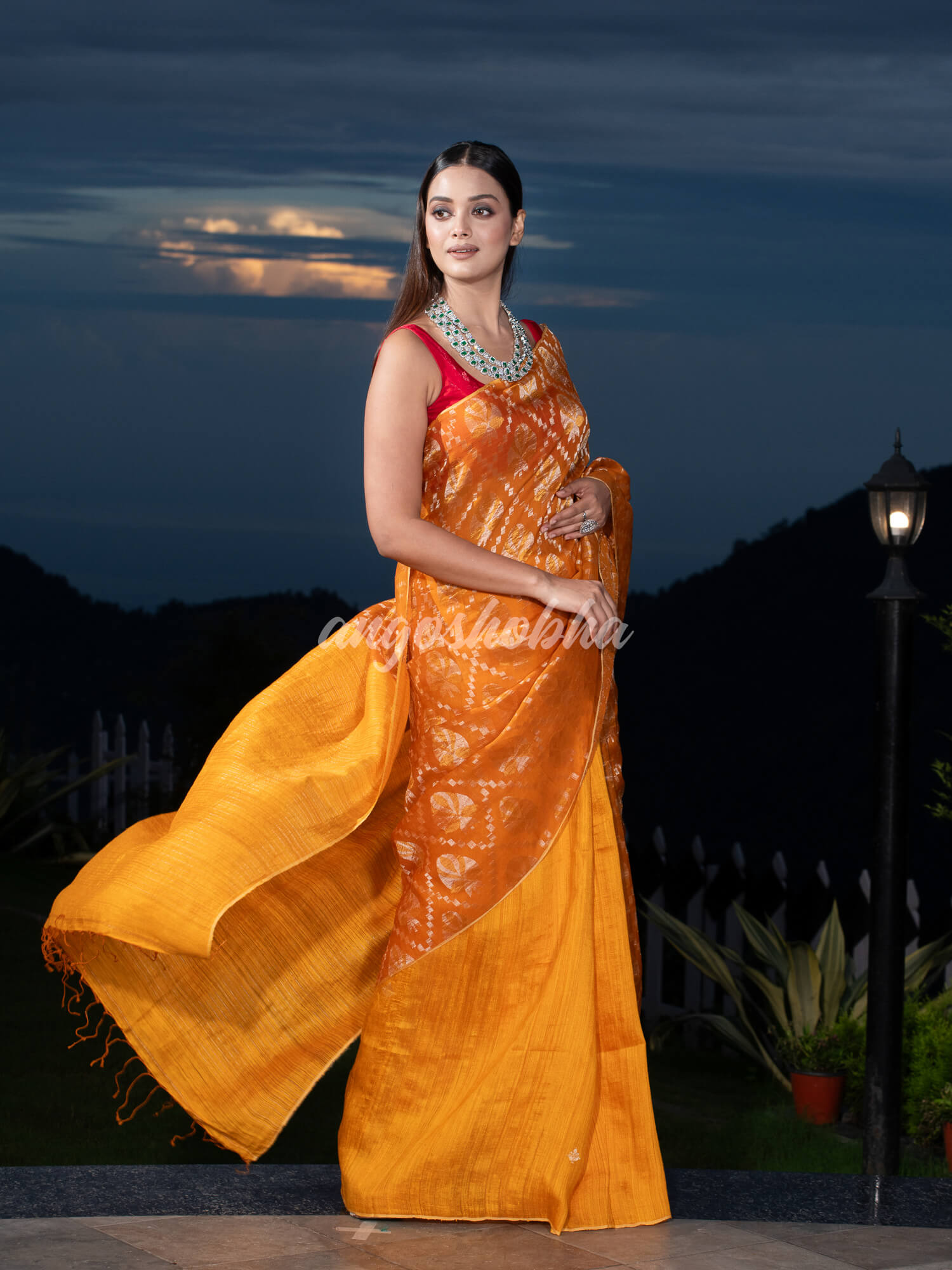 Mustard  Silk Matka Body with Leaves Intricate Design including Silver & Golden Stripes on Check Pallu Handwoven Saree