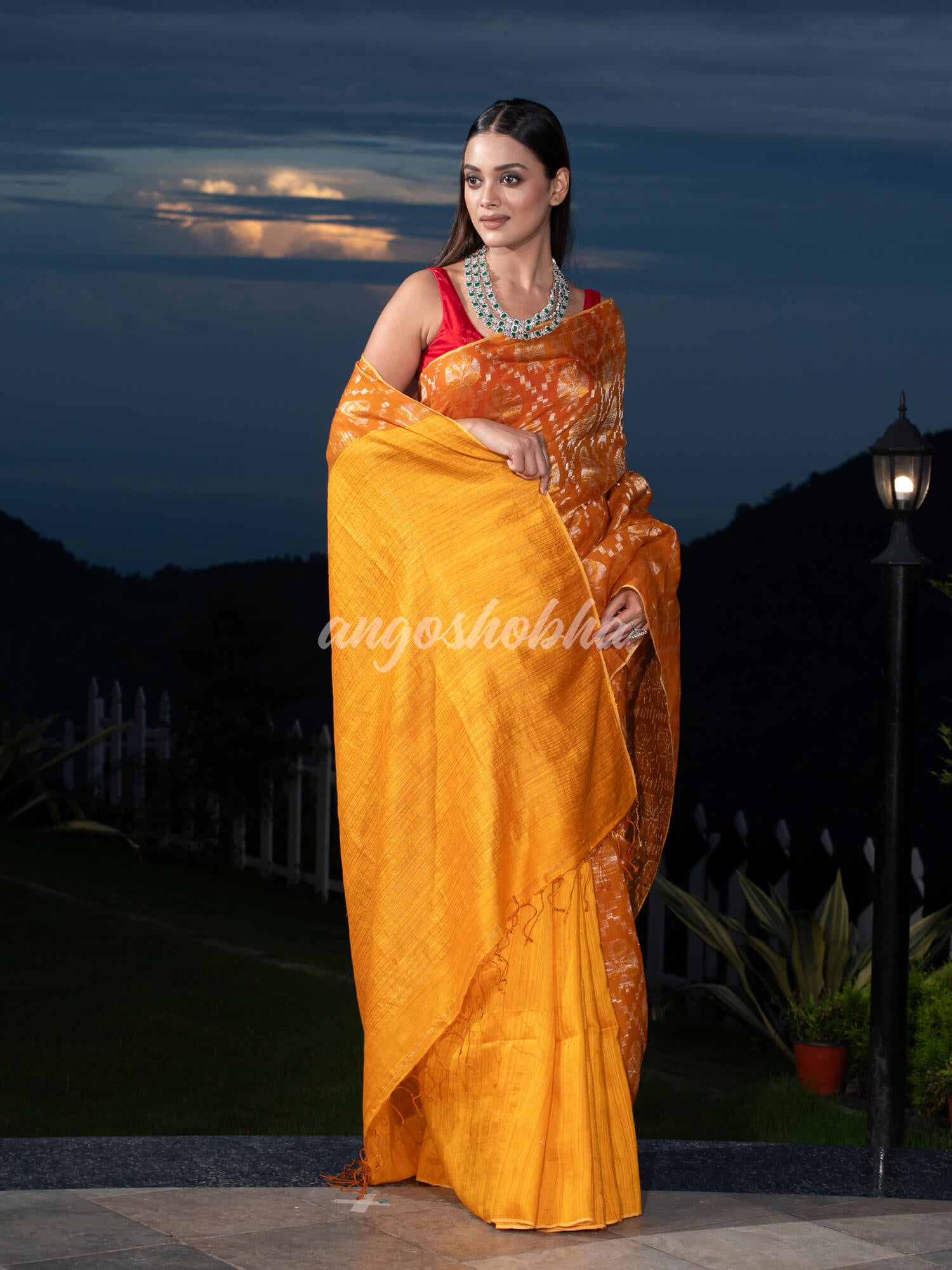 Mustard  Silk Matka Body with Leaves Intricate Design including Silver & Golden Stripes on Check Pallu Handwoven Saree