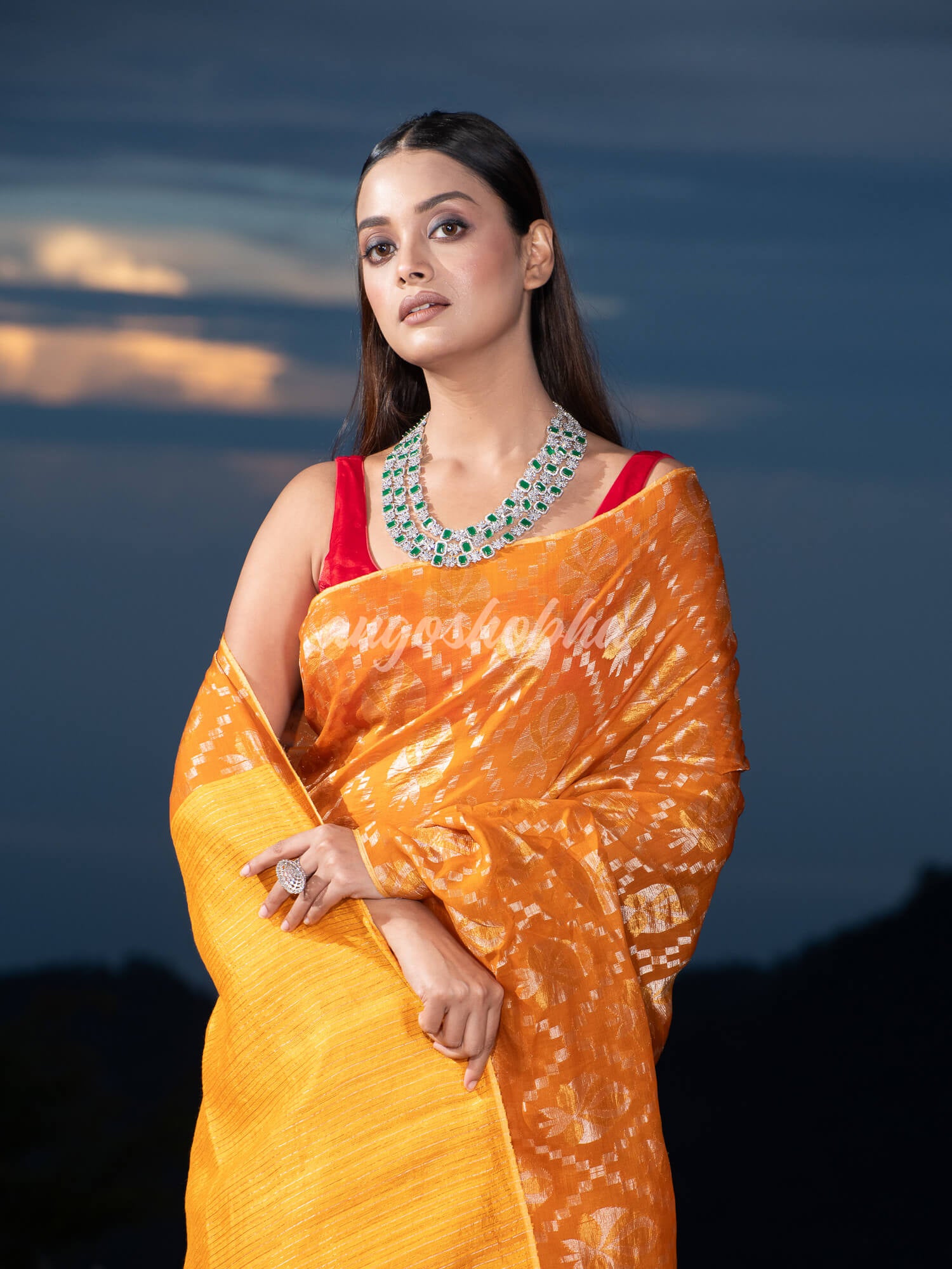 Mustard  Silk Matka Body with Leaves Intricate Design including Silver & Golden Stripes on Check Pallu Handwoven Saree