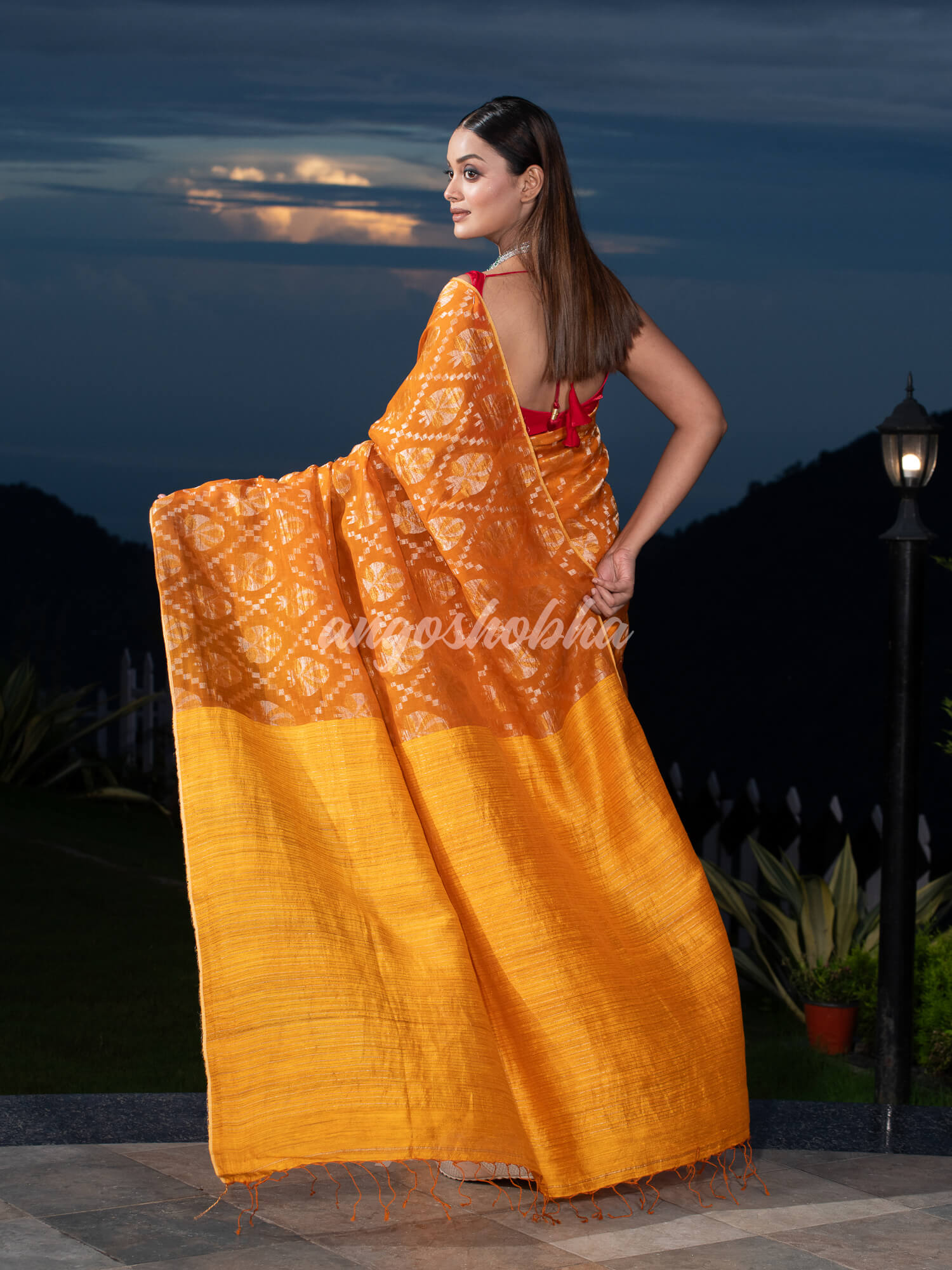 Mustard  Silk Matka Body with Leaves Intricate Design including Silver & Golden Stripes on Check Pallu Handwoven Saree