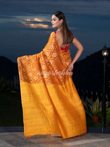 Mustard  Silk Matka Body with Leaves Intricate Design including Silver & Golden Stripes on Check Pallu Handwoven Saree
