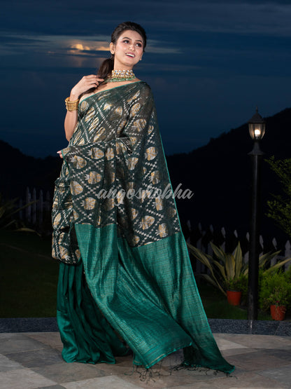 Dark Green Silk Matka Body with Leaves Intricate Design including Silver & Golden Stripes on Check Pallu Handwoven Saree