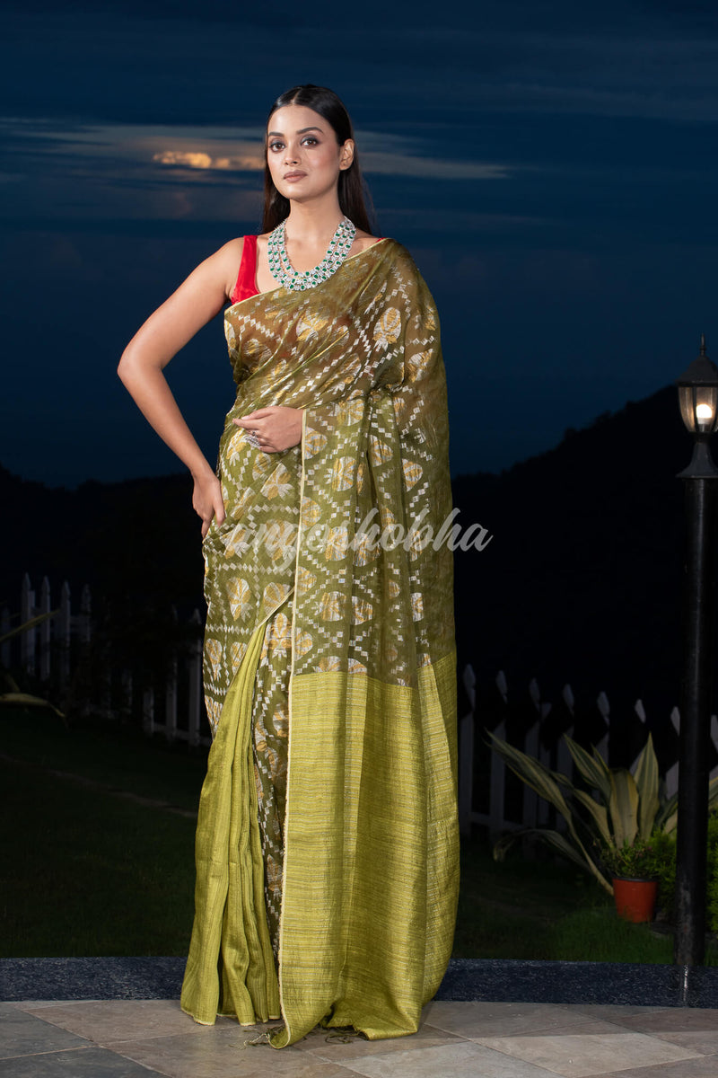Olive Green Silk Matka Body with Leaves Intricate Design including Silver & Golden Stripes on Check Pallu Handwoven Saree