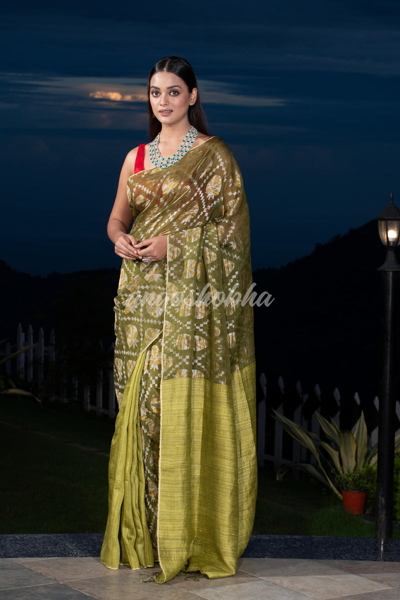 Olive Green Silk Matka Body with Leaves Intricate Design including Silver & Golden Stripes on Check Pallu Handwoven Saree