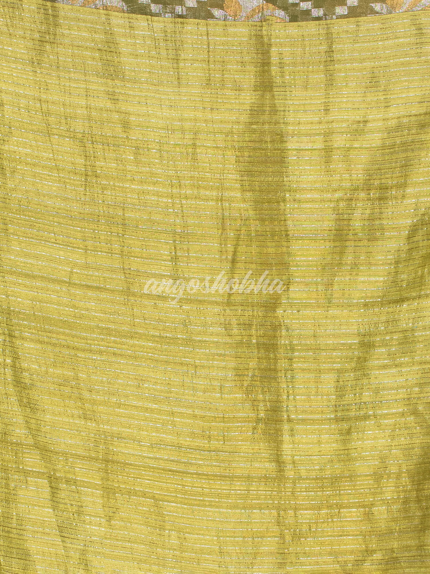 Olive Green Silk Matka Body with Leaves Intricate Design including Silver & Golden Stripes on Check Pallu Handwoven Saree