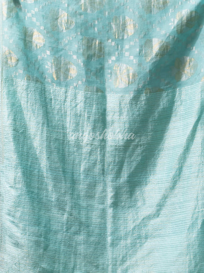 Teal Silk Matka Body with Leaves Intricate Design including Silver & Golden Stripes on Check Pallu Handwoven Saree