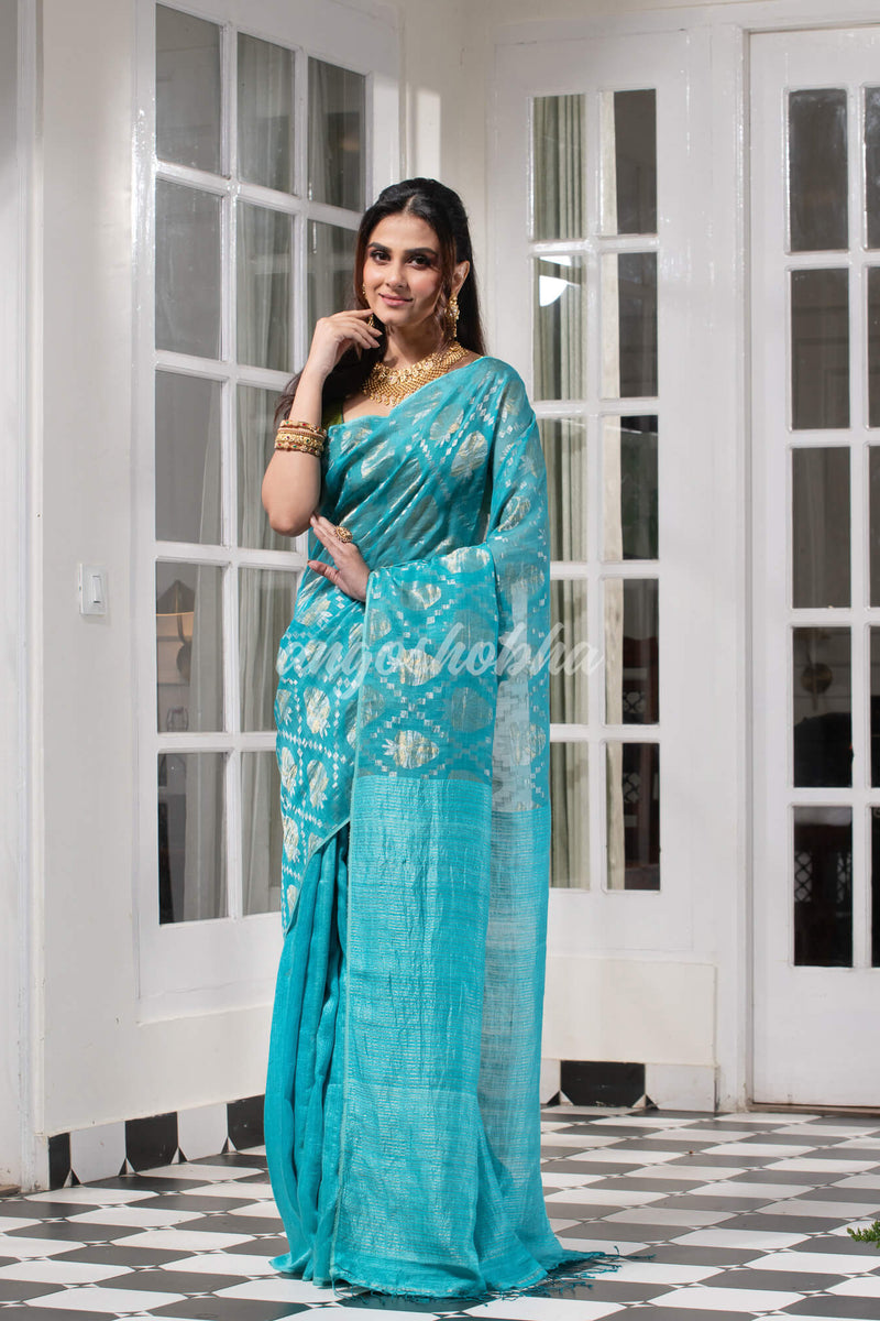 Turquoise Blue Silk Matka Body with Leaves Intricate Design including Silver & Golden Stripes on Check Pallu Handwoven Saree