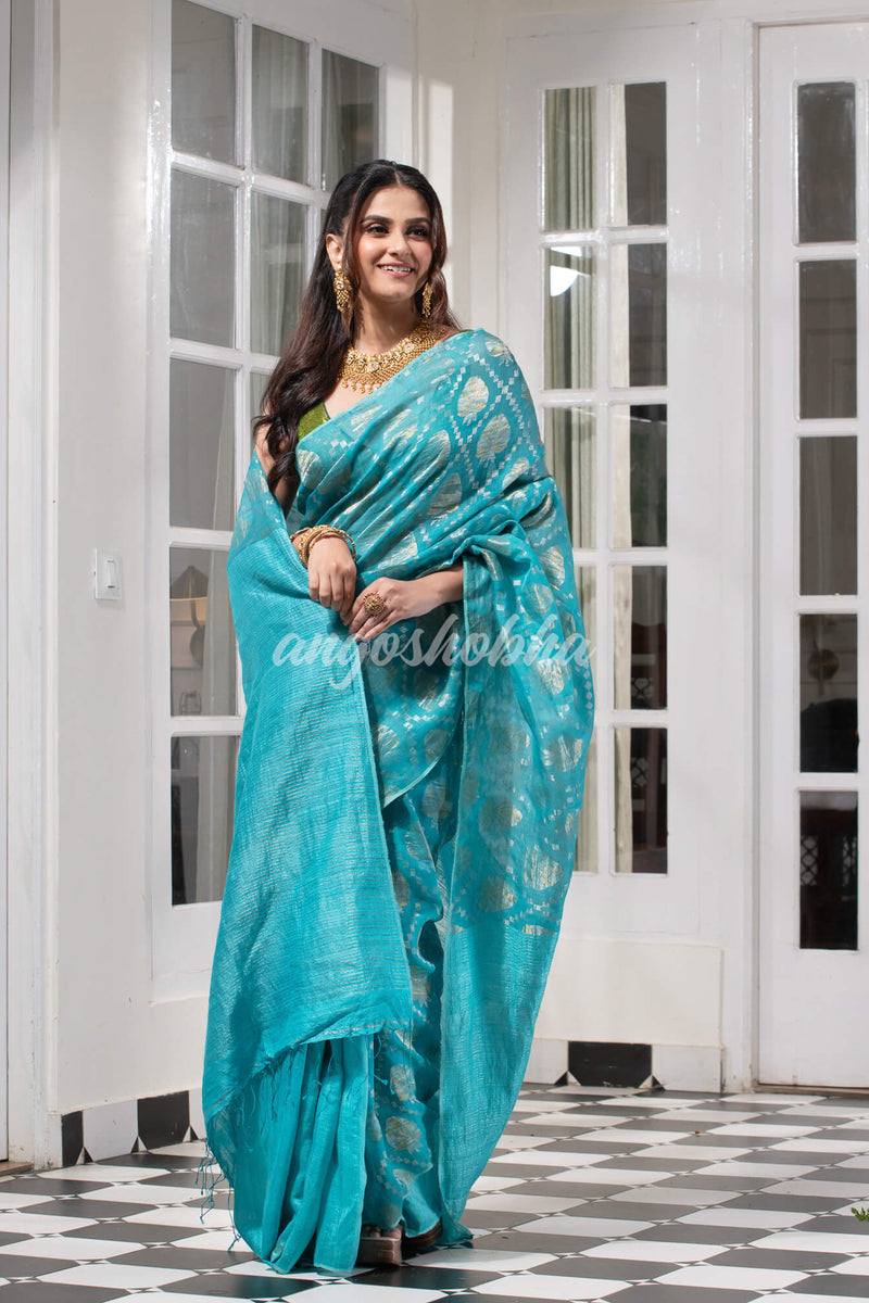 Turquoise Blue Silk Matka Body with Leaves Intricate Design including Silver & Golden Stripes on Check Pallu Handwoven Saree