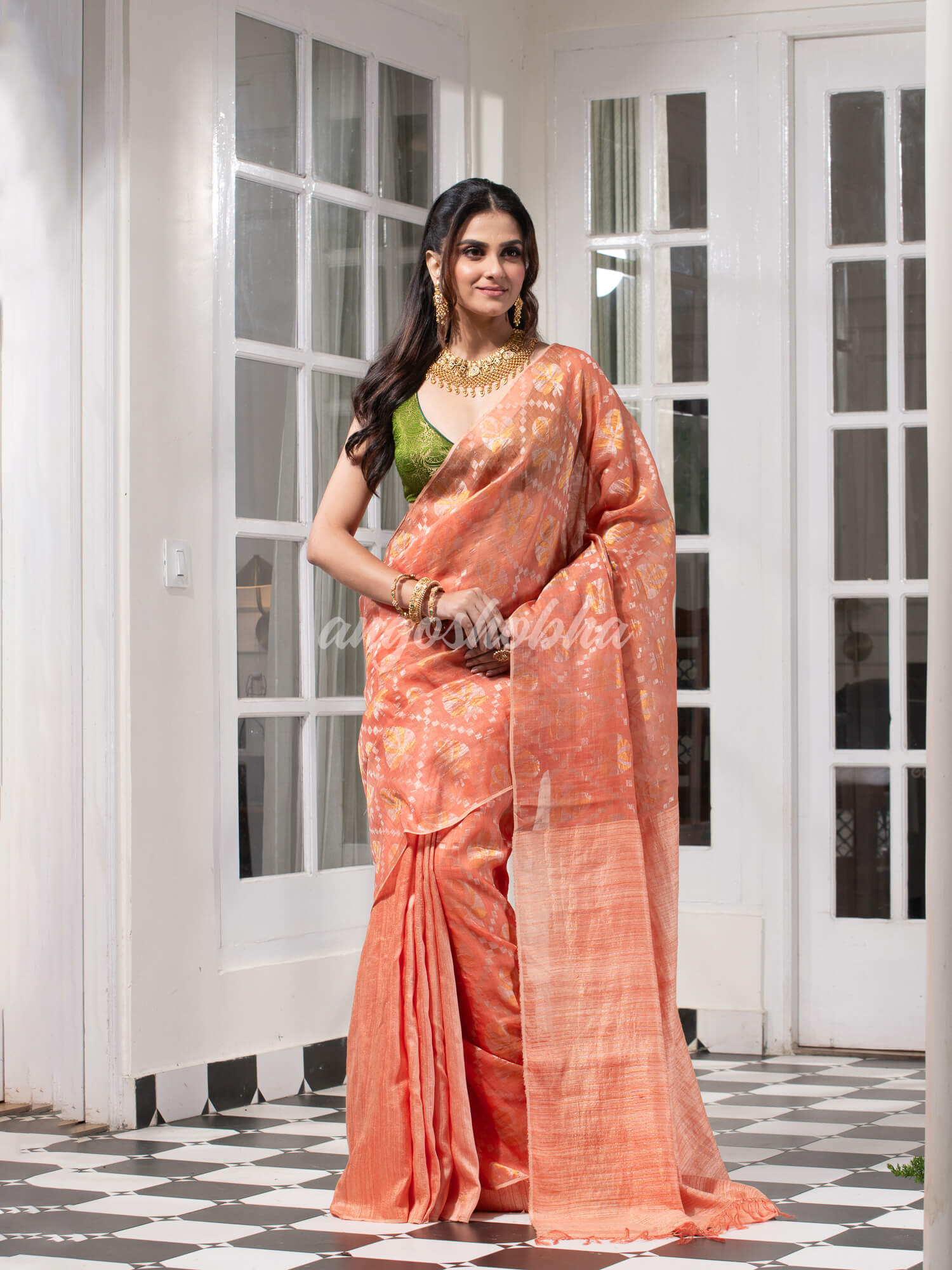 Peach  Silk Matka Body with Leaves Intricate Design including Silver & Golden Stripes on Check Pallu Handwoven Saree