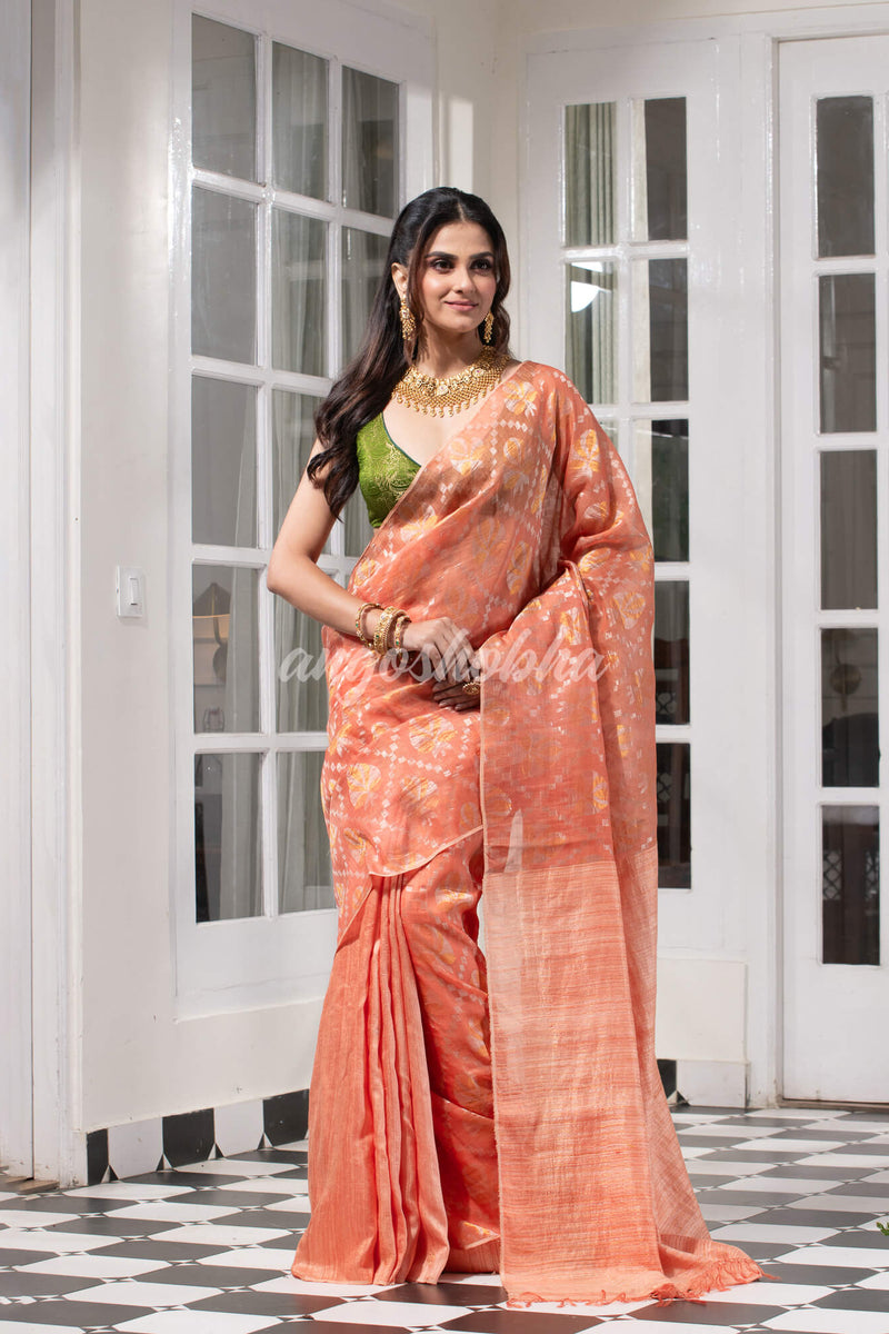 Peach  Silk Matka Body with Leaves Intricate Design including Silver & Golden Stripes on Check Pallu Handwoven Saree