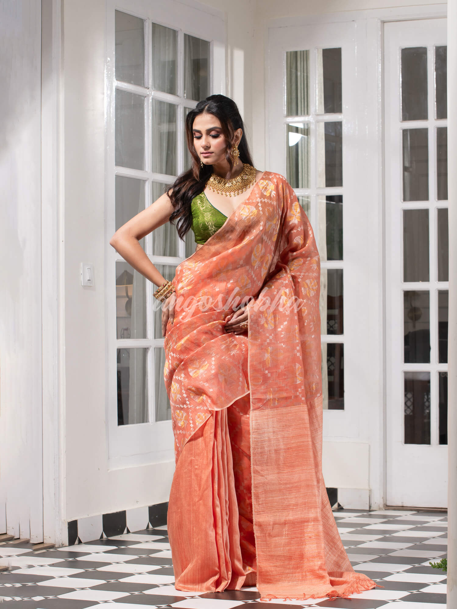 Peach  Silk Matka Body with Leaves Intricate Design including Silver & Golden Stripes on Check Pallu Handwoven Saree