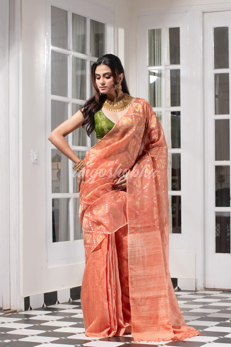 Peach  Silk Matka Body with Leaves Intricate Design including Silver & Golden Stripes on Check Pallu Handwoven Saree