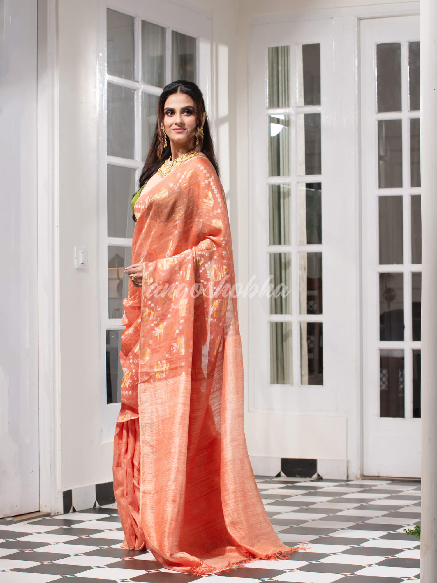 Peach  Silk Matka Body with Leaves Intricate Design including Silver & Golden Stripes on Check Pallu Handwoven Saree