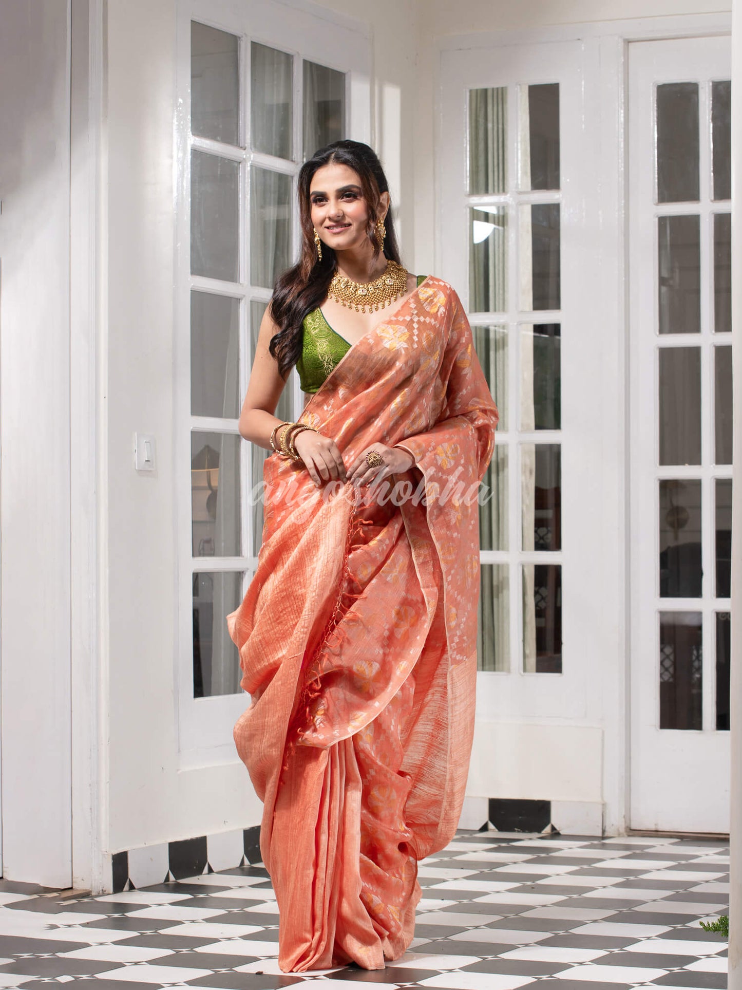 Peach  Silk Matka Body with Leaves Intricate Design including Silver & Golden Stripes on Check Pallu Handwoven Saree