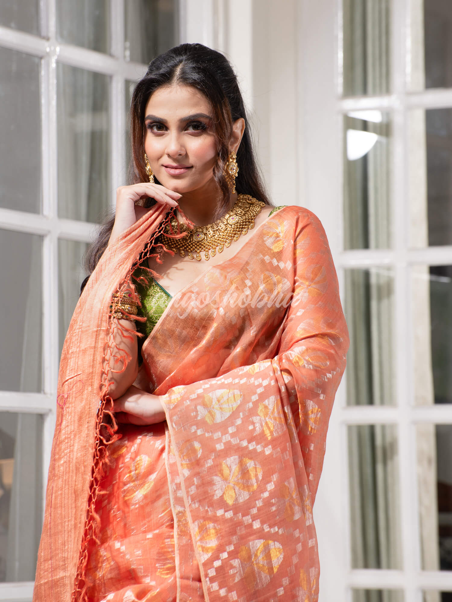 Peach  Silk Matka Body with Leaves Intricate Design including Silver & Golden Stripes on Check Pallu Handwoven Saree