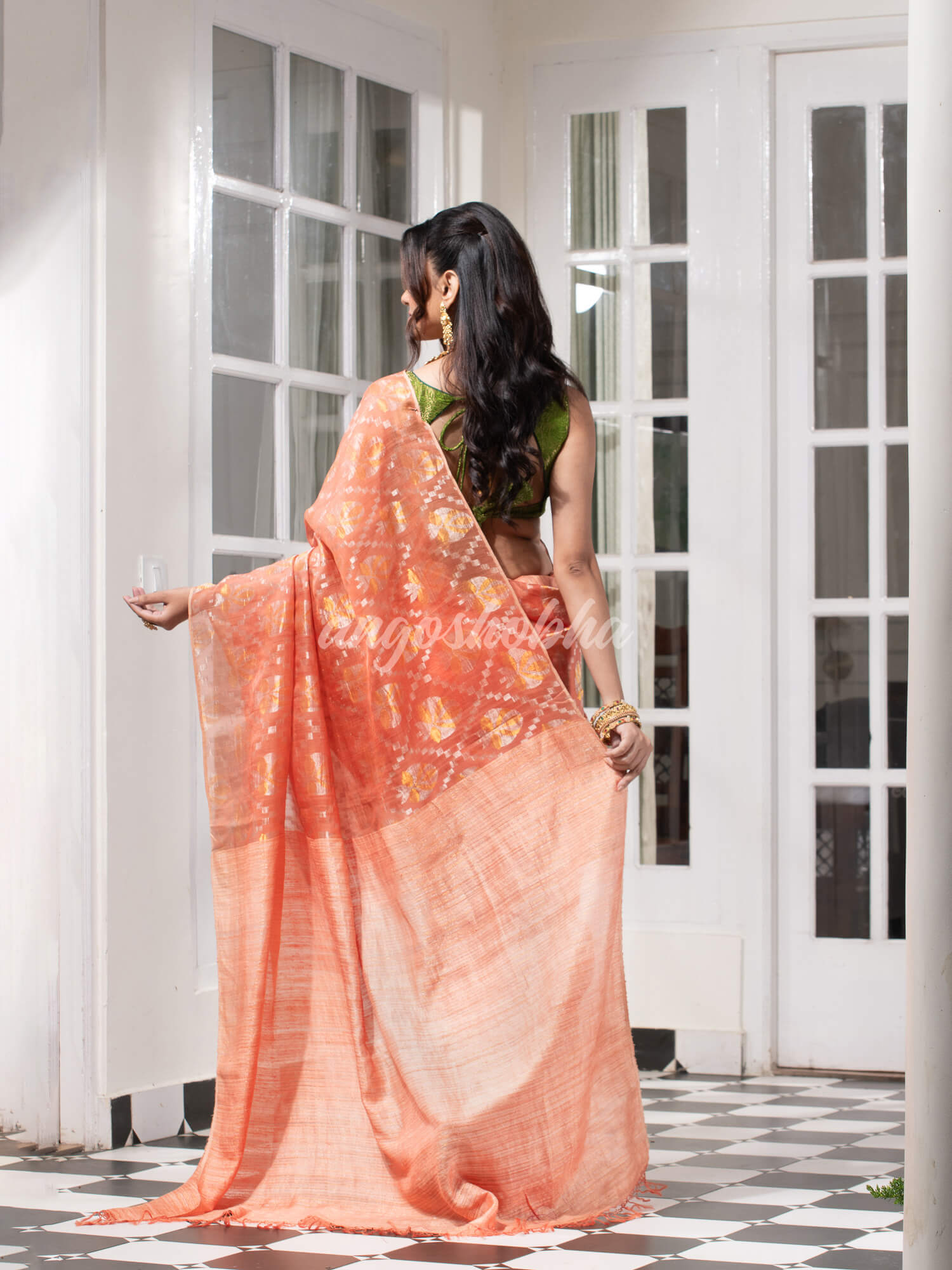 Peach  Silk Matka Body with Leaves Intricate Design including Silver & Golden Stripes on Check Pallu Handwoven Saree