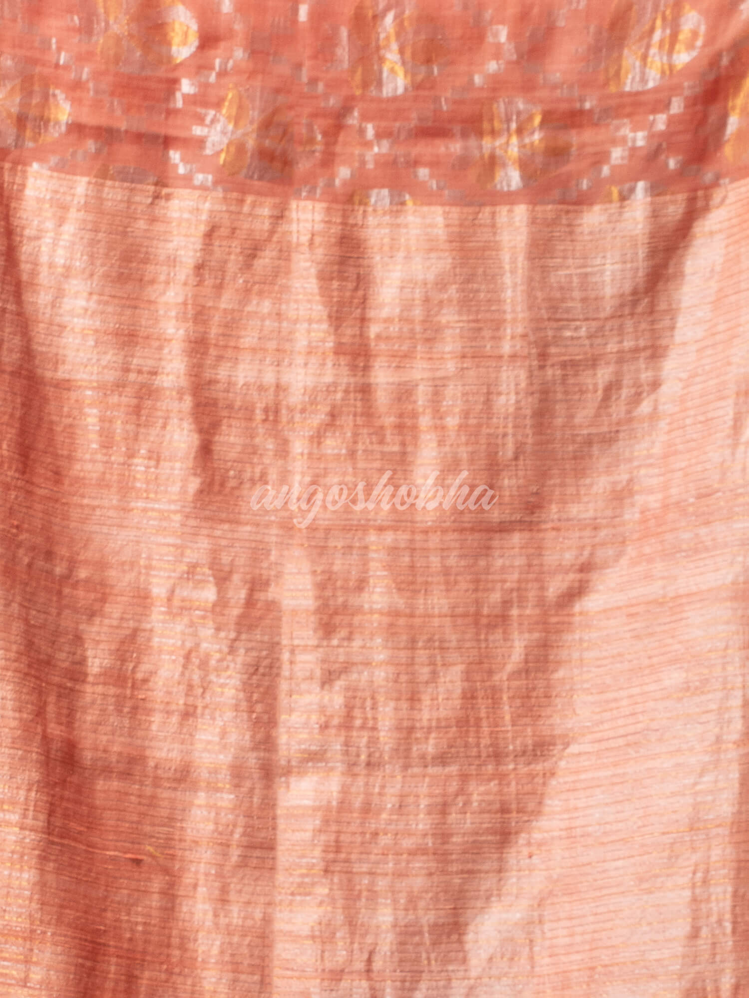 Peach  Silk Matka Body with Leaves Intricate Design including Silver & Golden Stripes on Check Pallu Handwoven Saree